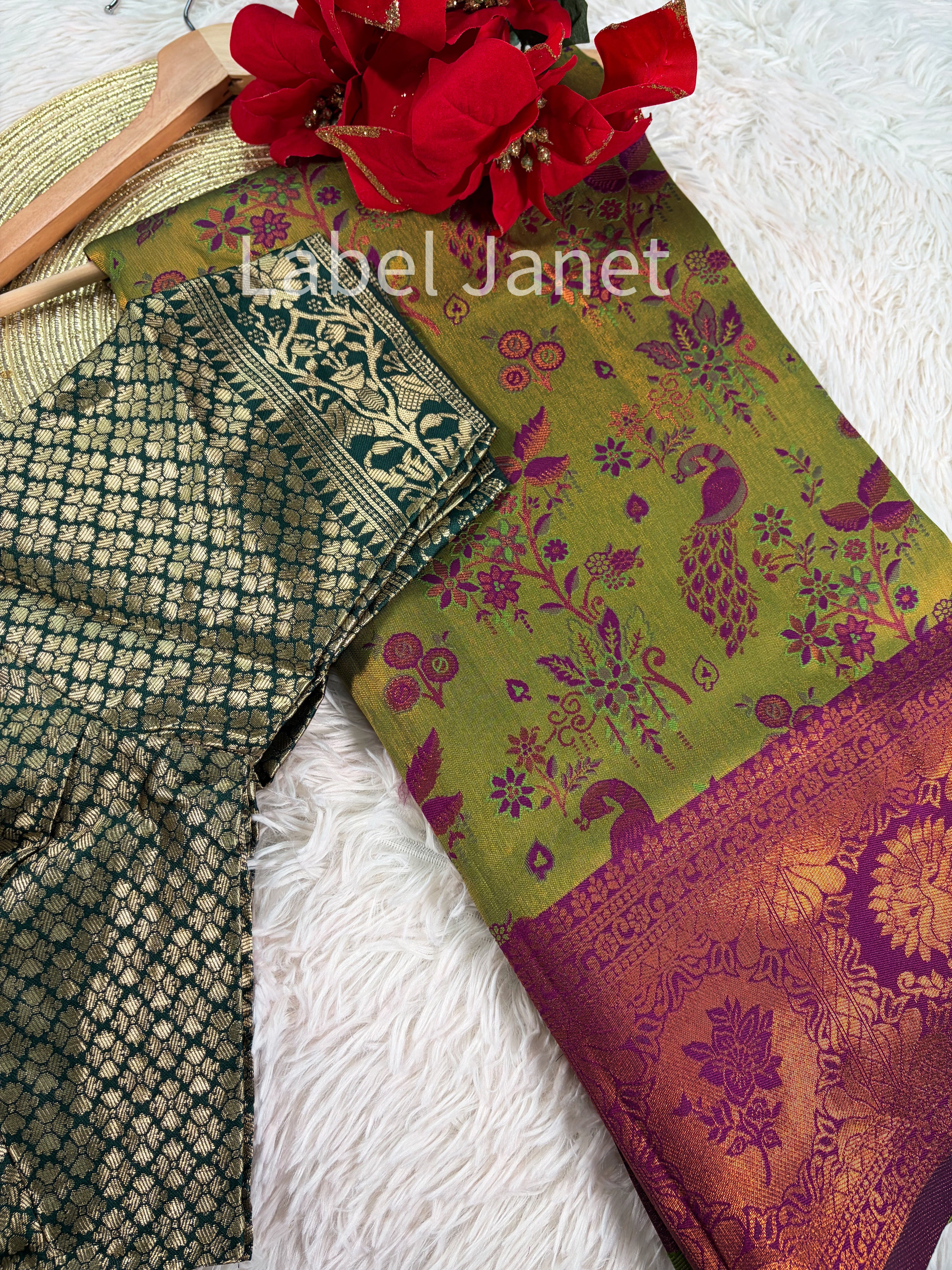 Pista Strawberry Swag - Green banarasi silk saree