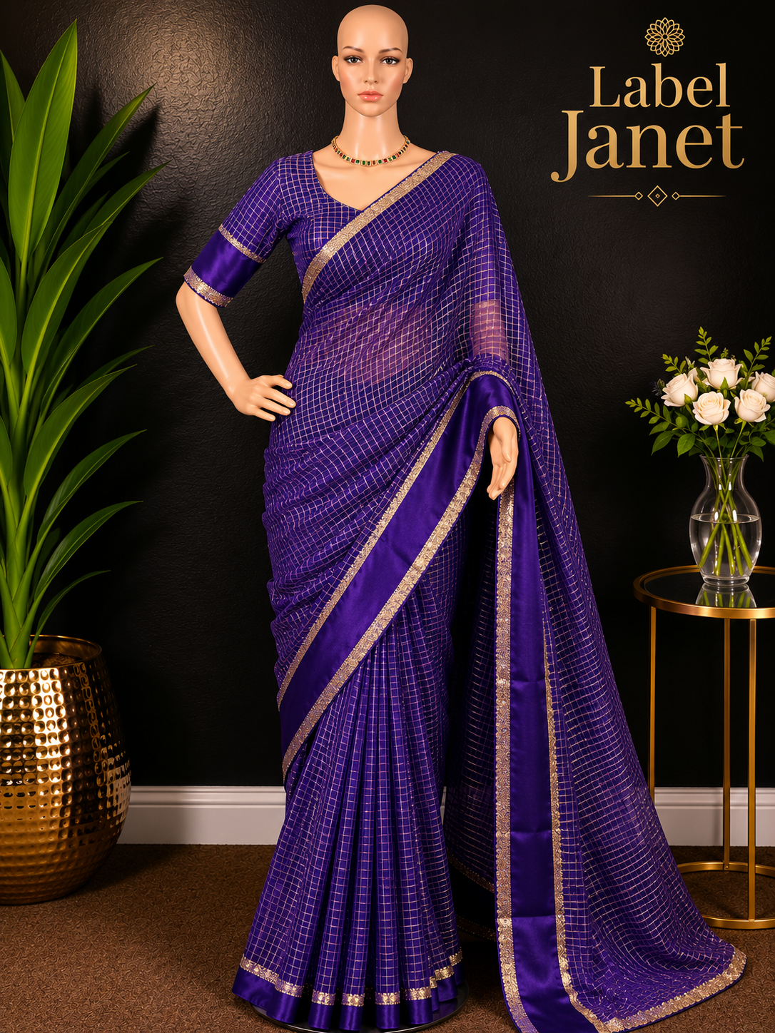 Indigo Queen - Blue Viscose Georgette Saree with Stitched Blouse (34" - 42")