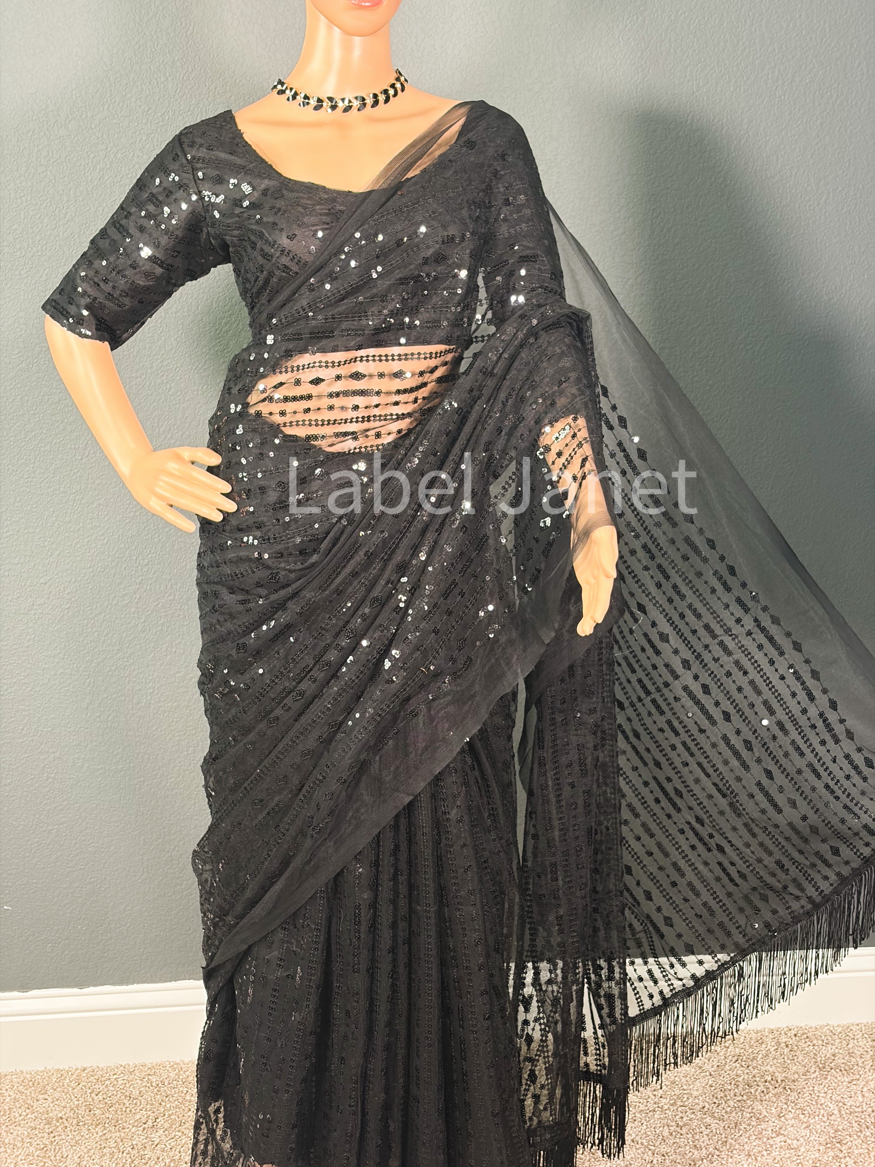 Black Net Sequence Saree with Stitched Blouse | Party wear | Alterable (36" - 42")