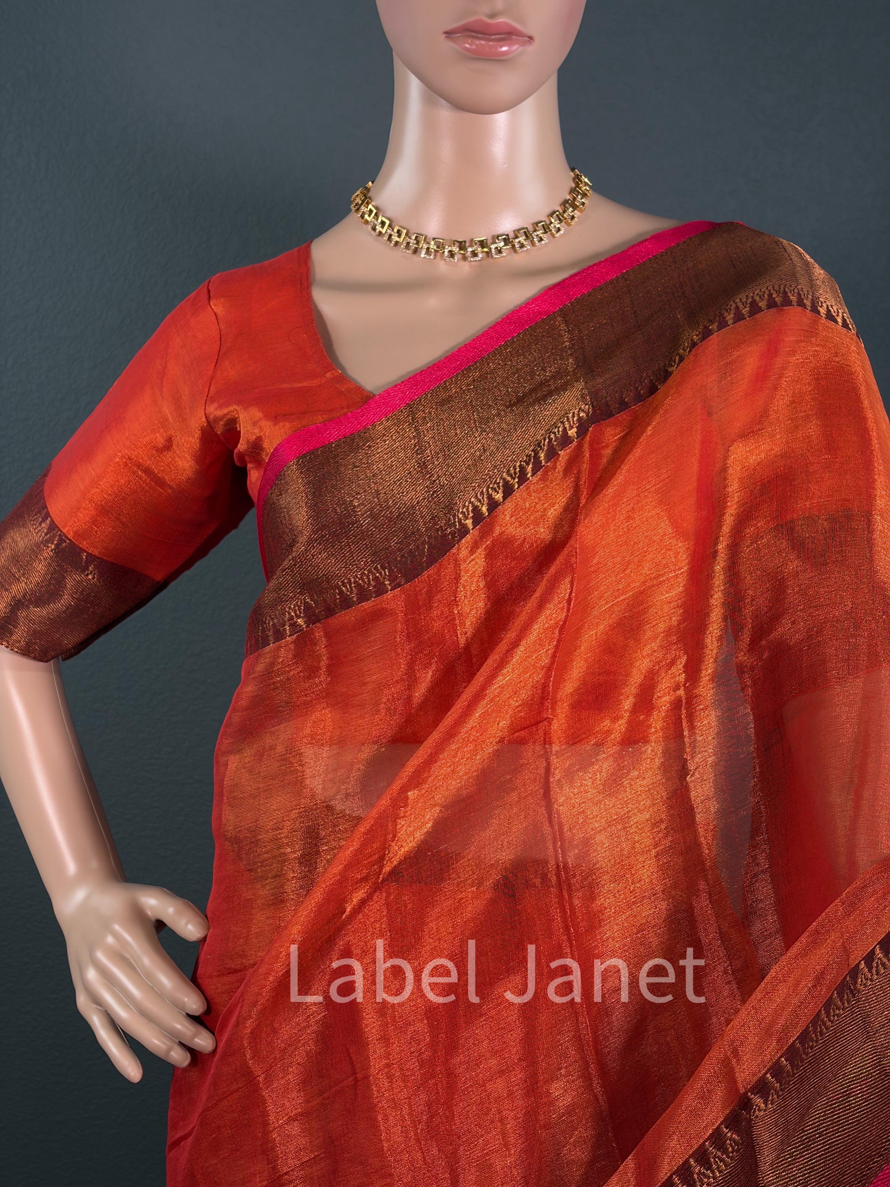 Glass Tissue Silk Saree with Princess-Cut Stitched Blouse (36-42")