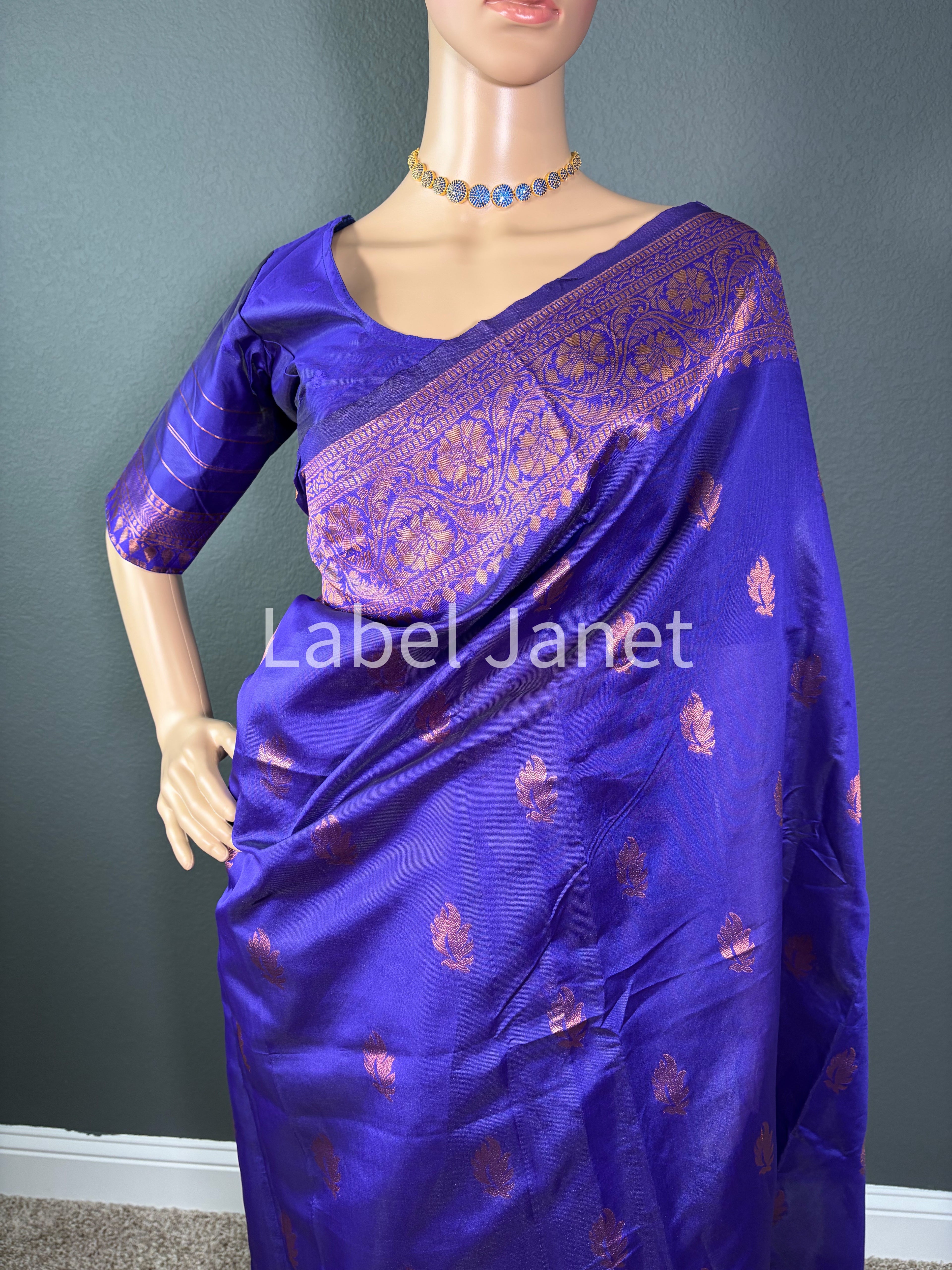Blue Banarasi Soft Silk Saree with Stitched Blouse (36" - 42")