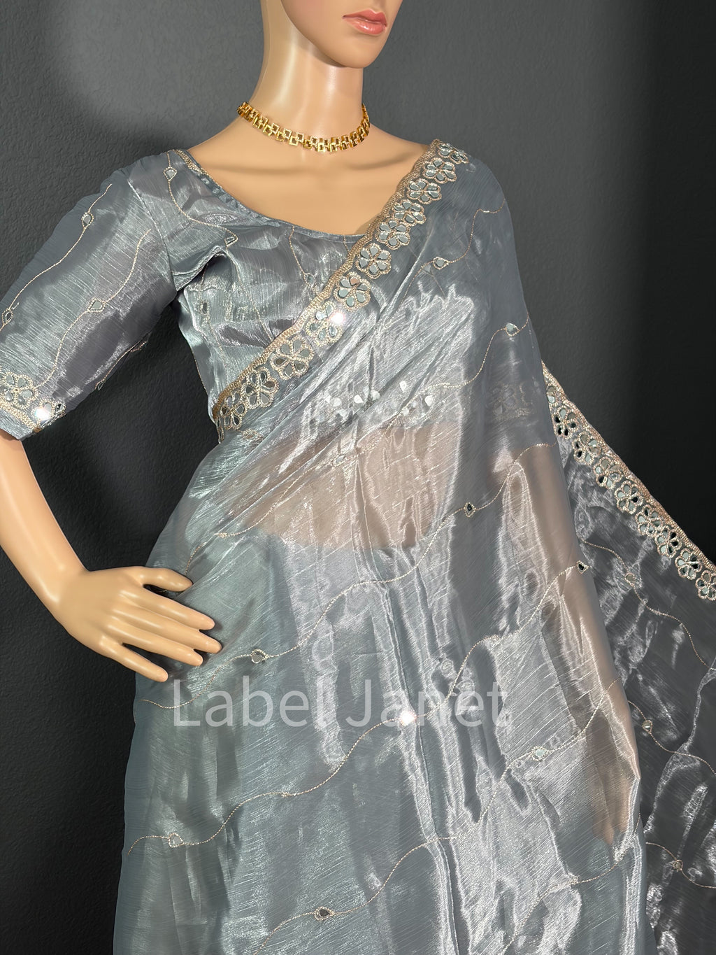 Starlight Silver - Grey Mirror work saree
