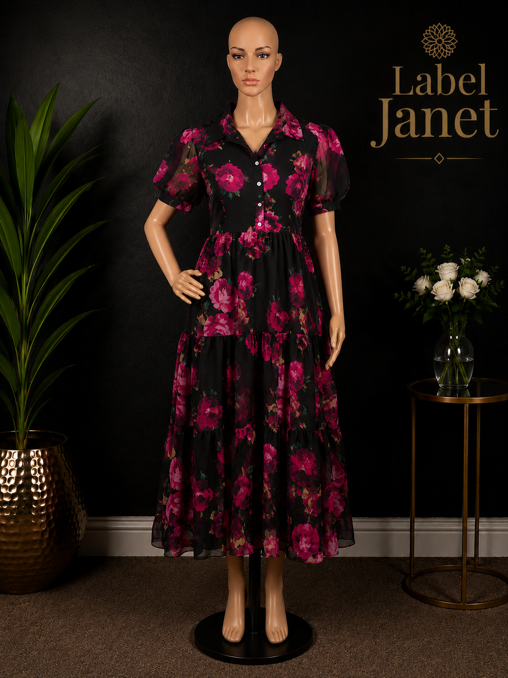 Pink Petal - Puff Sleeve Maxi Dress for women (L up to XL)
