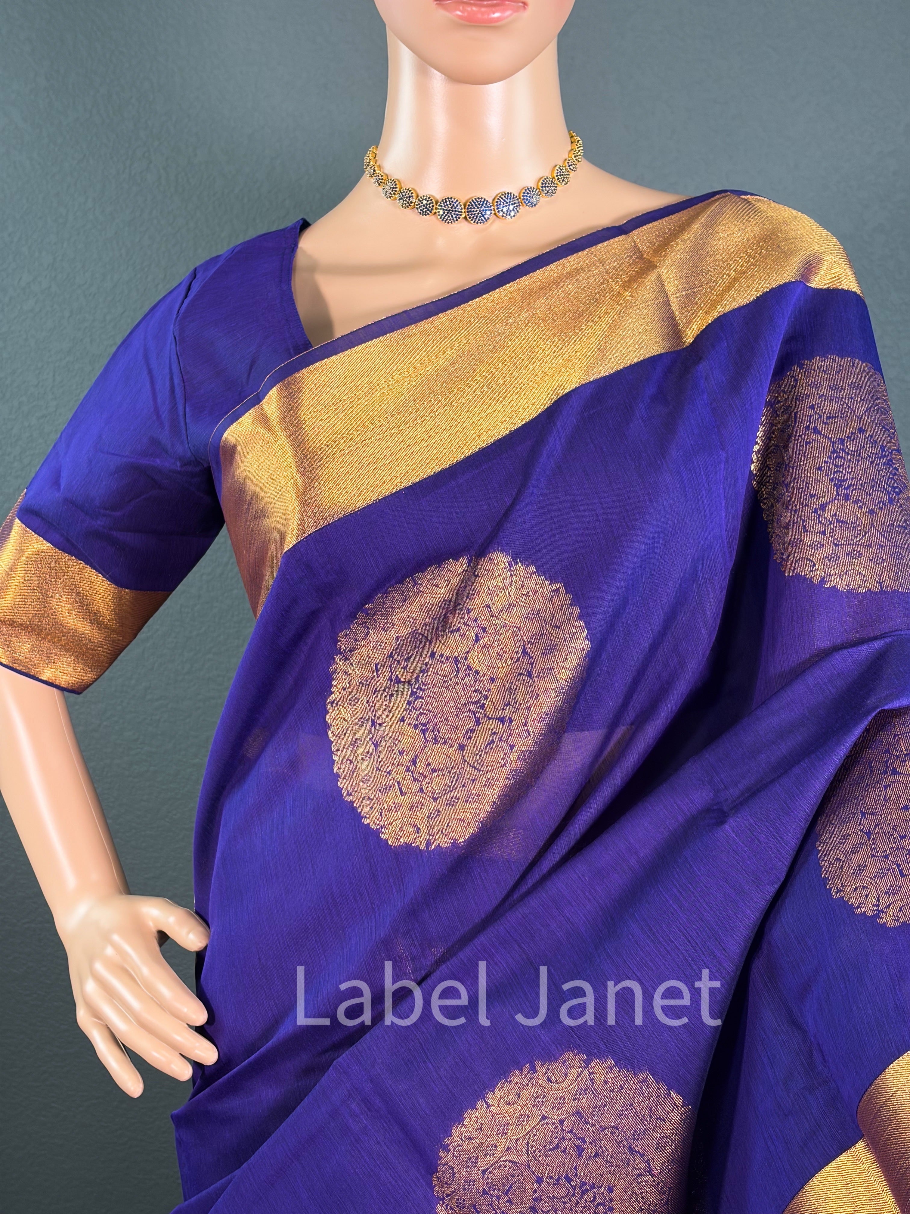 Blue Soft Cotton Silk Saree with Stitched Blouse (36" - 42")