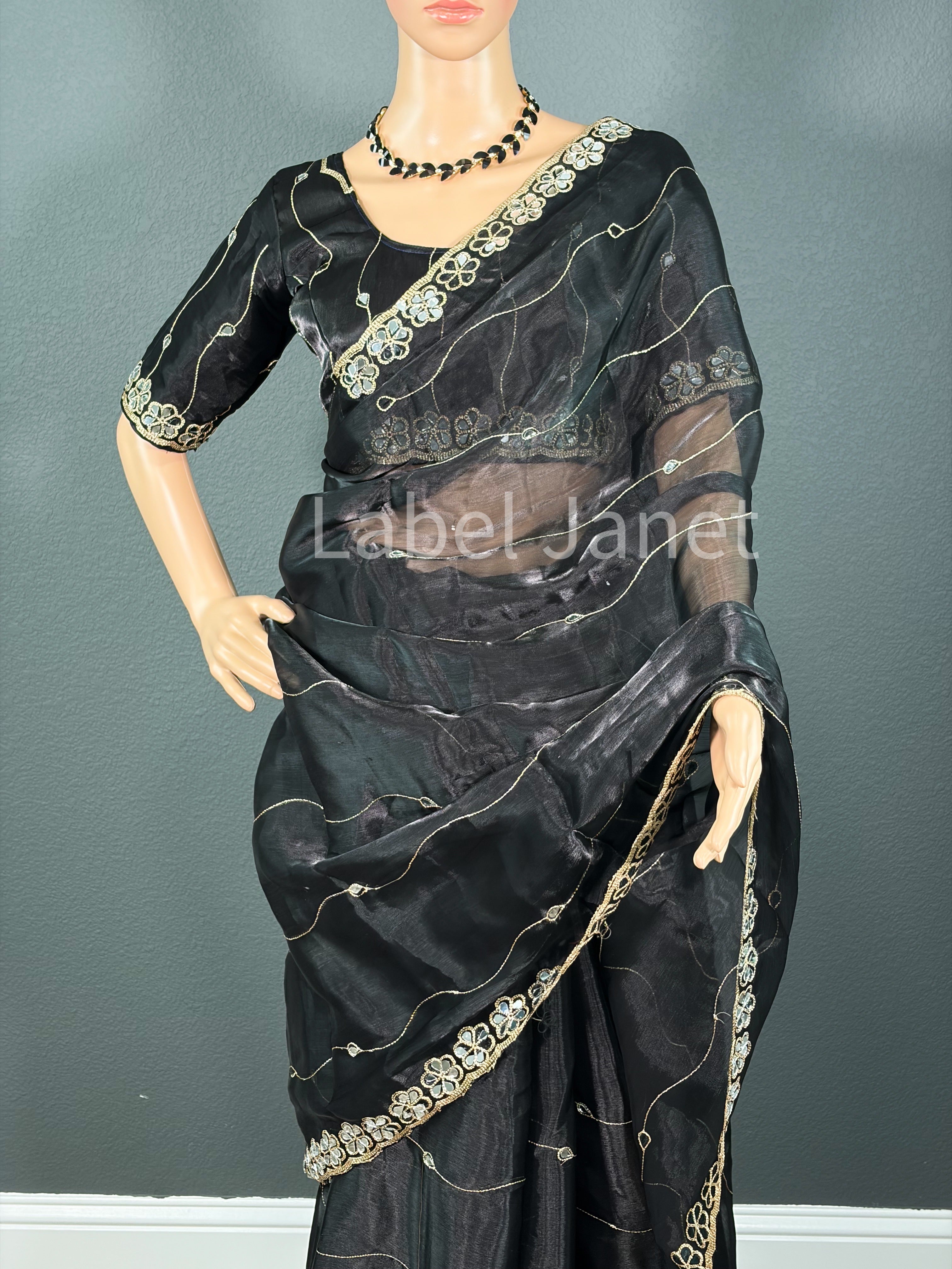 Black Organza Saree with stitched blouse | Alterable (36" - 42") | Party wear | Indian saree