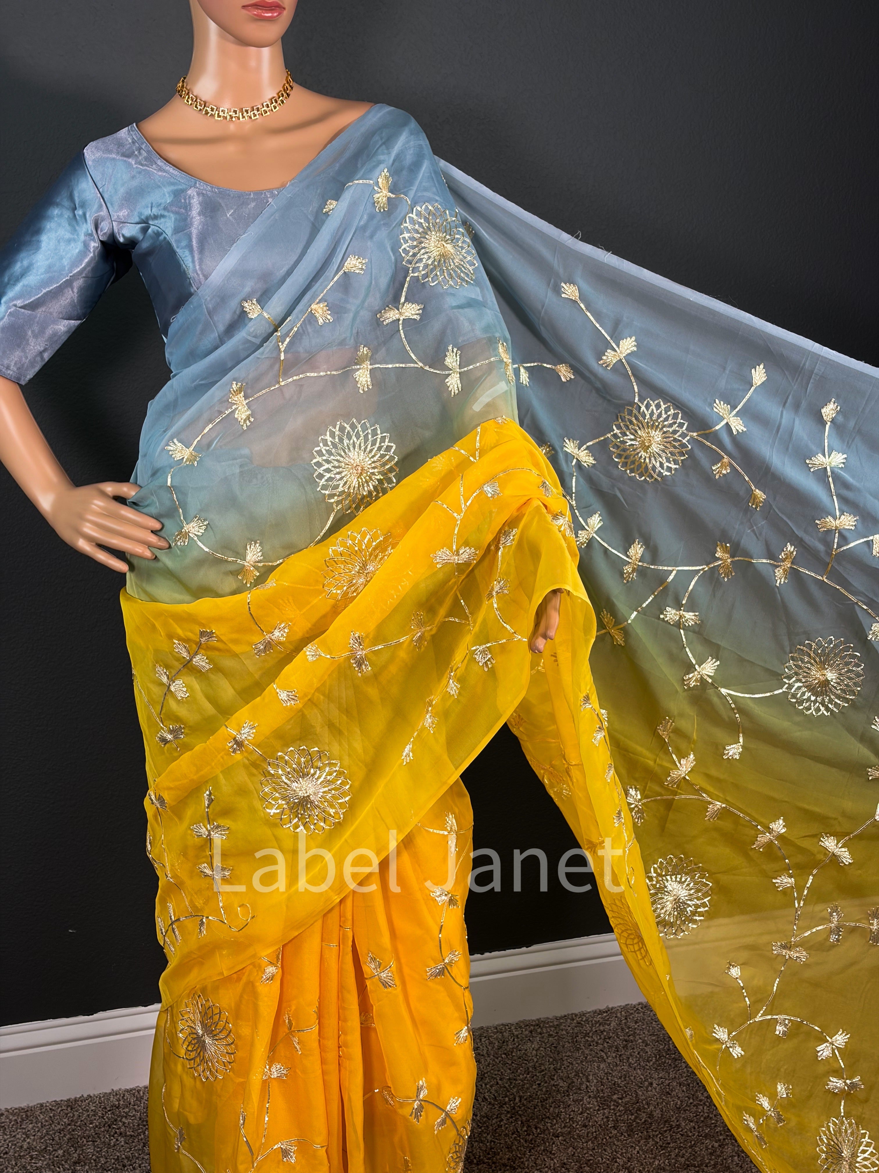 Embroidered Dual Shaded Saree with Stitched Blouse (Alterable 36-42")
