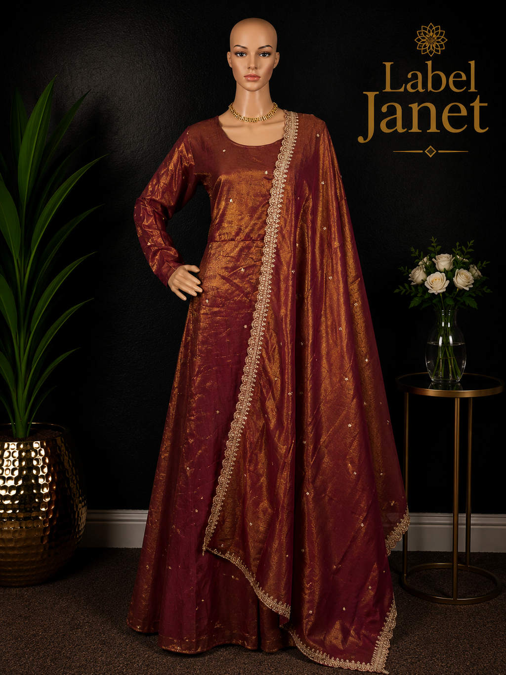 Golden Sparrow - Tissue silk long gown with shawl for women ( L up to XL)