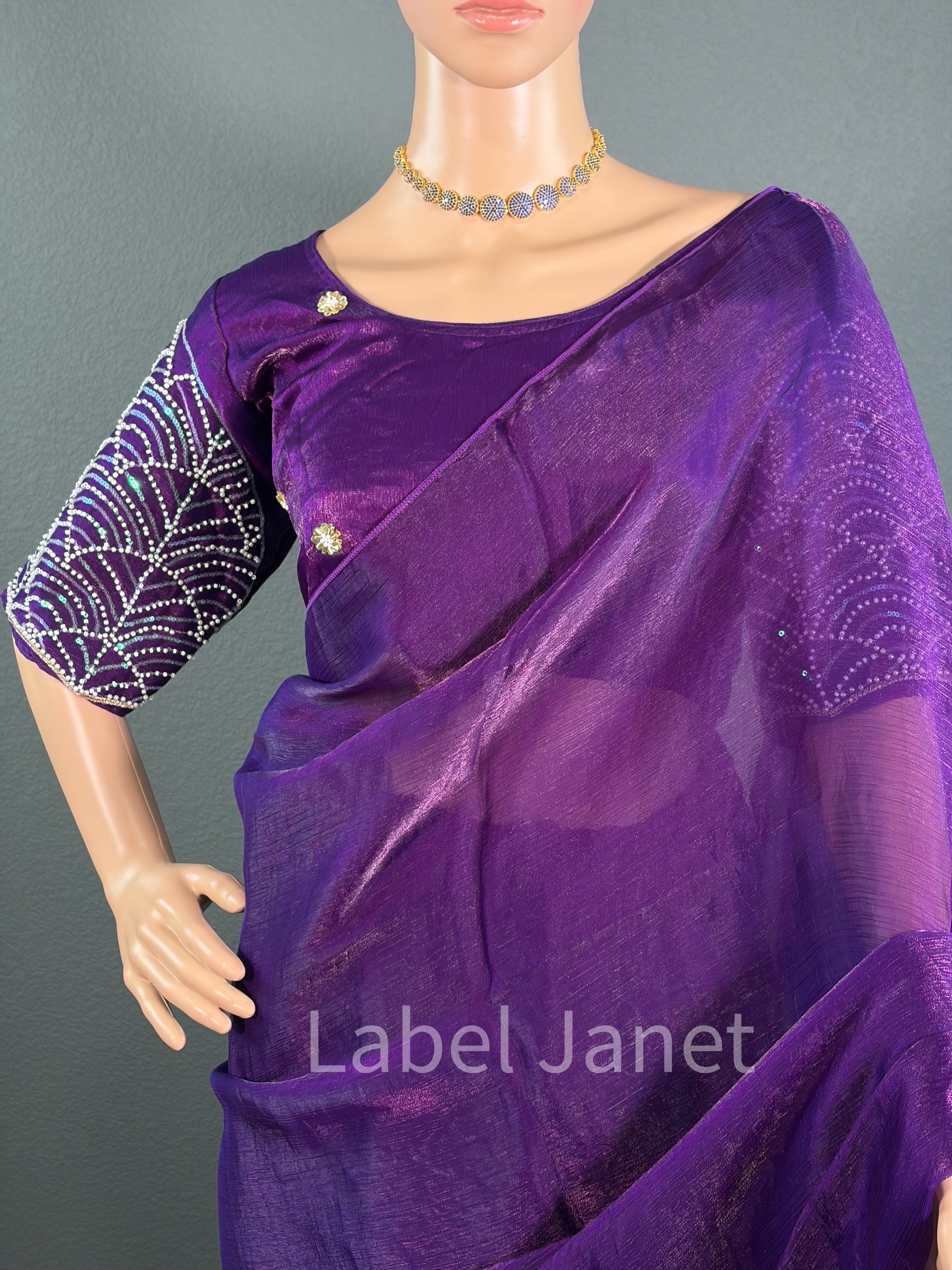 Dark Purple Plain  Space silk saree with stitched blouse (36" - 42")