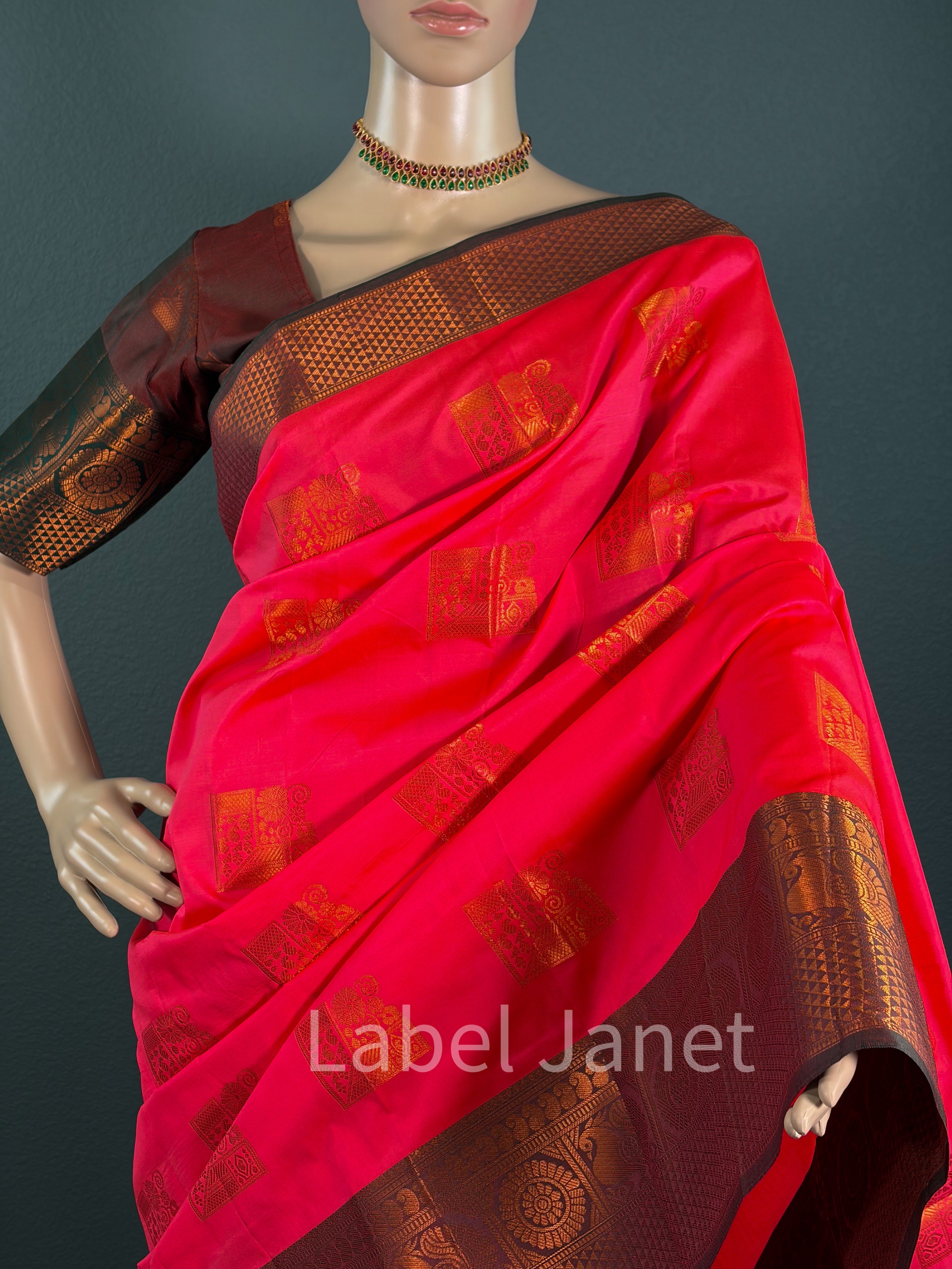 Bright Pink Kanjipuram Silk Saree with Stitched Blouse (34-42")