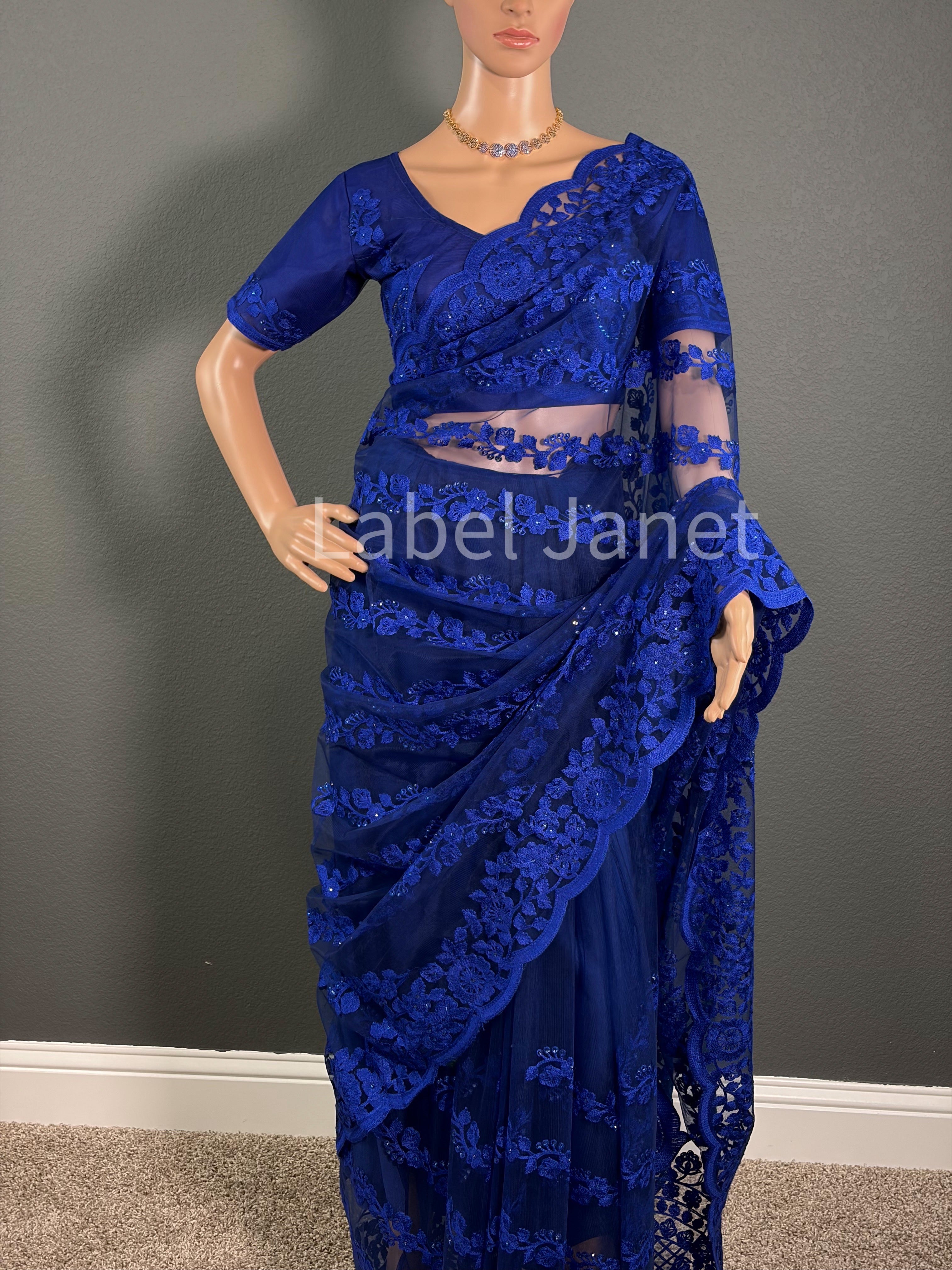 Blue Embroidered Net Designer Saree with stitched Blouse | Alterable (36" - 42")