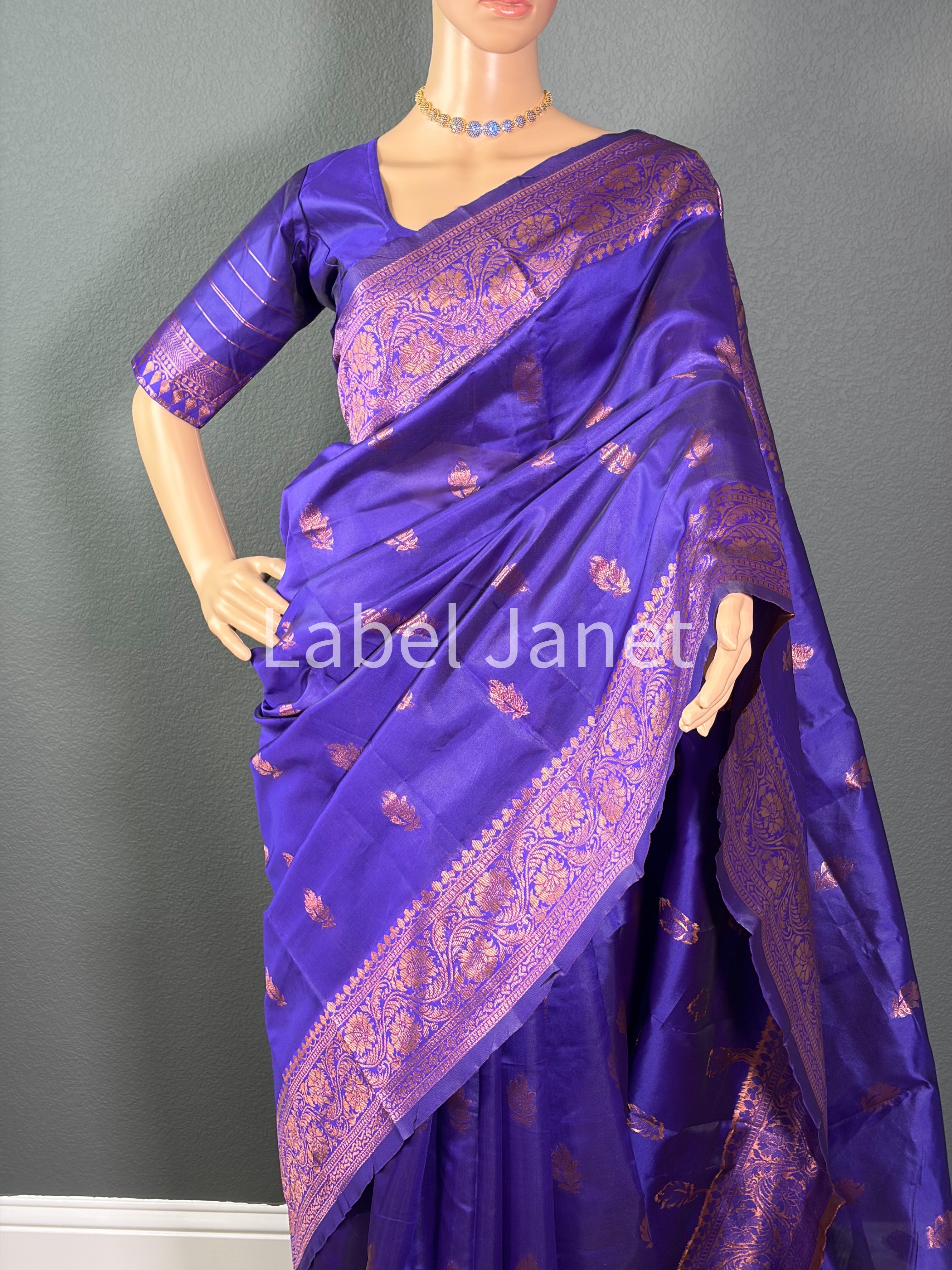 Blue Banarasi Soft Silk Saree with Stitched Blouse (36" - 42")