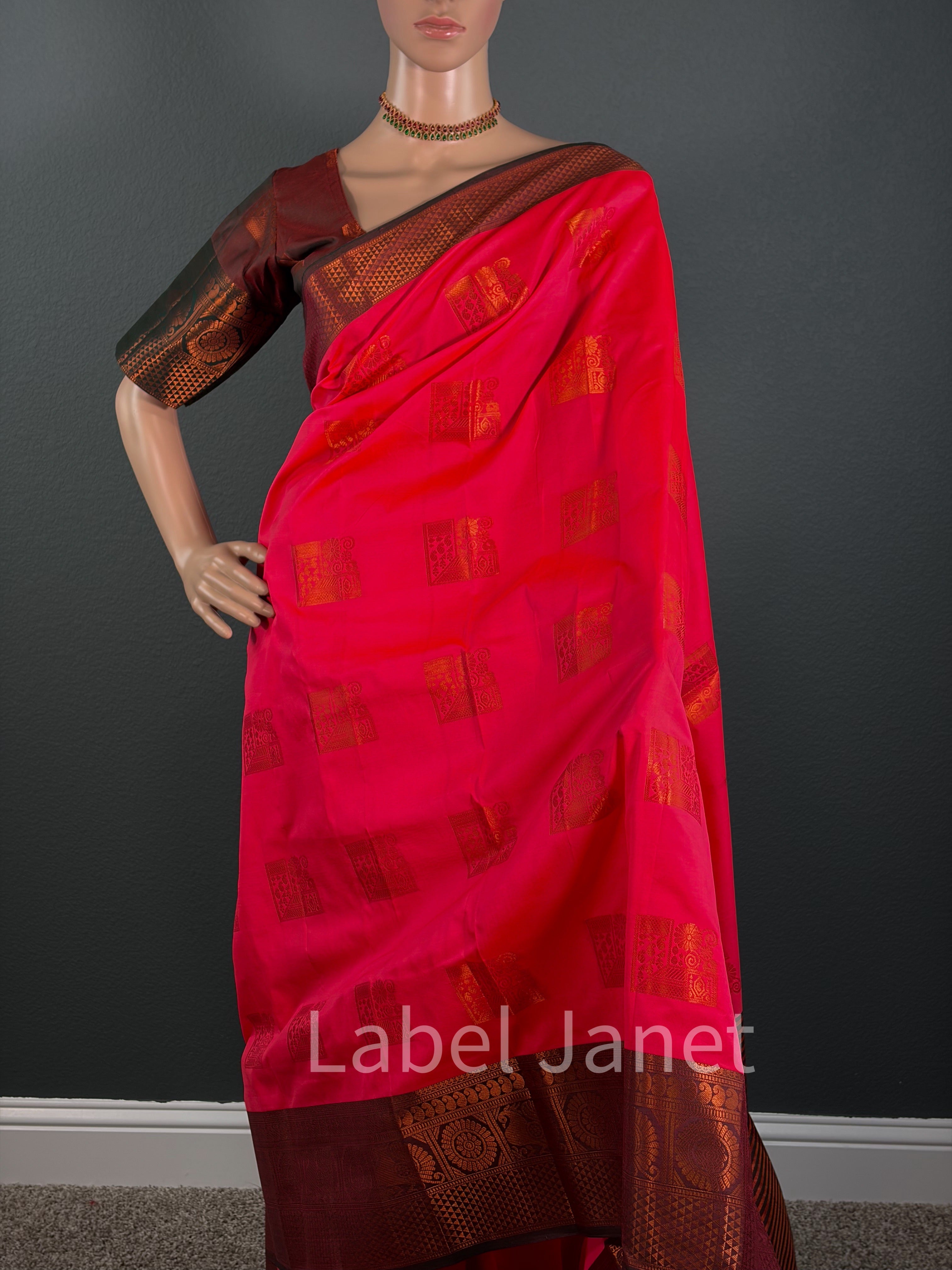 Bright Pink Kanjipuram Silk Saree with Stitched Blouse (34-42")