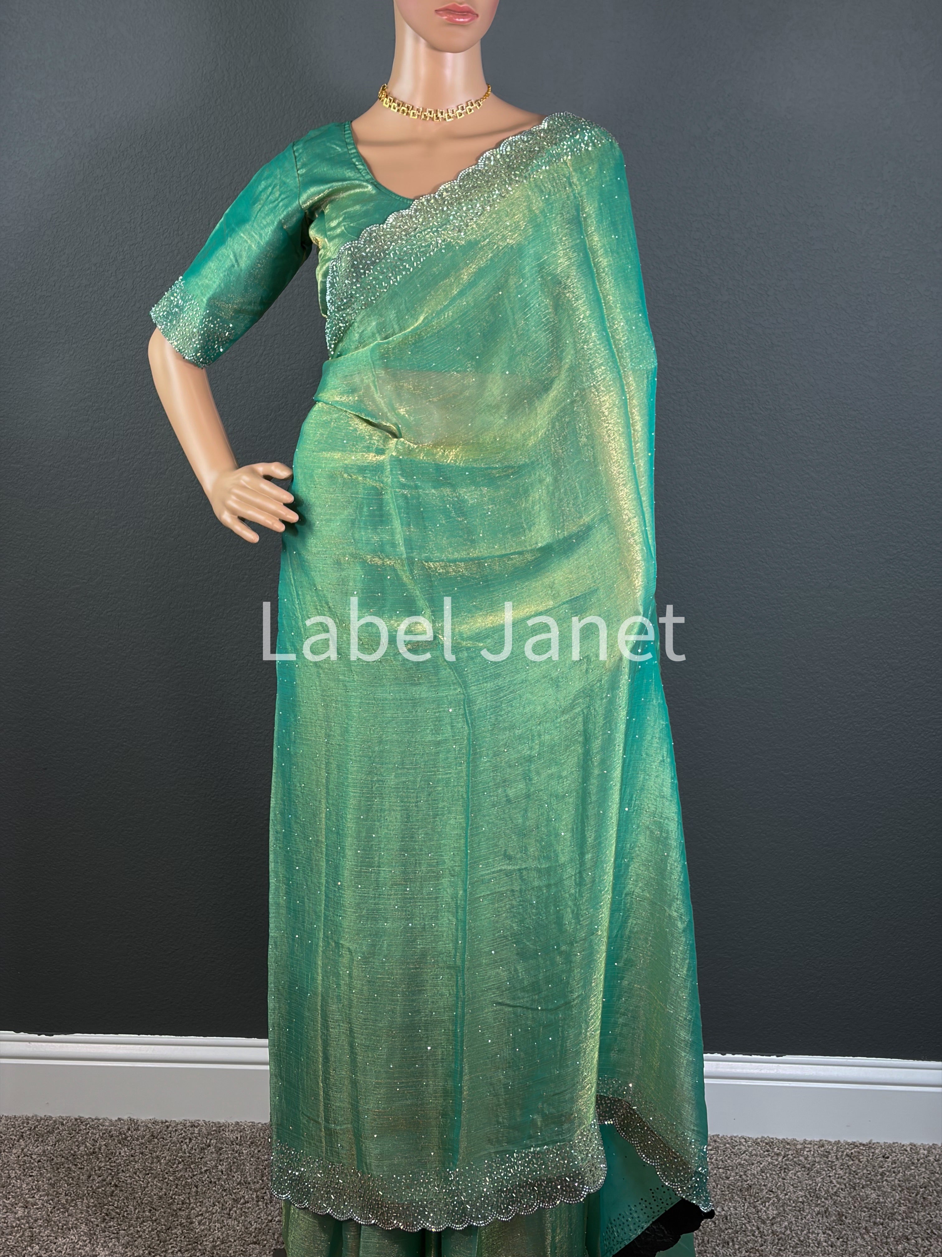 Green  Space Silk Saree with Jarkan Diamond & Stitched Blouse