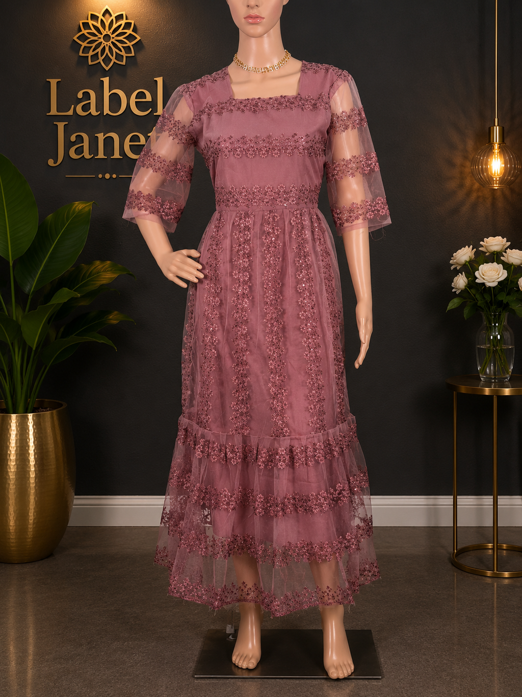 Dusty Rose Sparkle- Netted Maxi Dress (M up to L),(L up to XL)