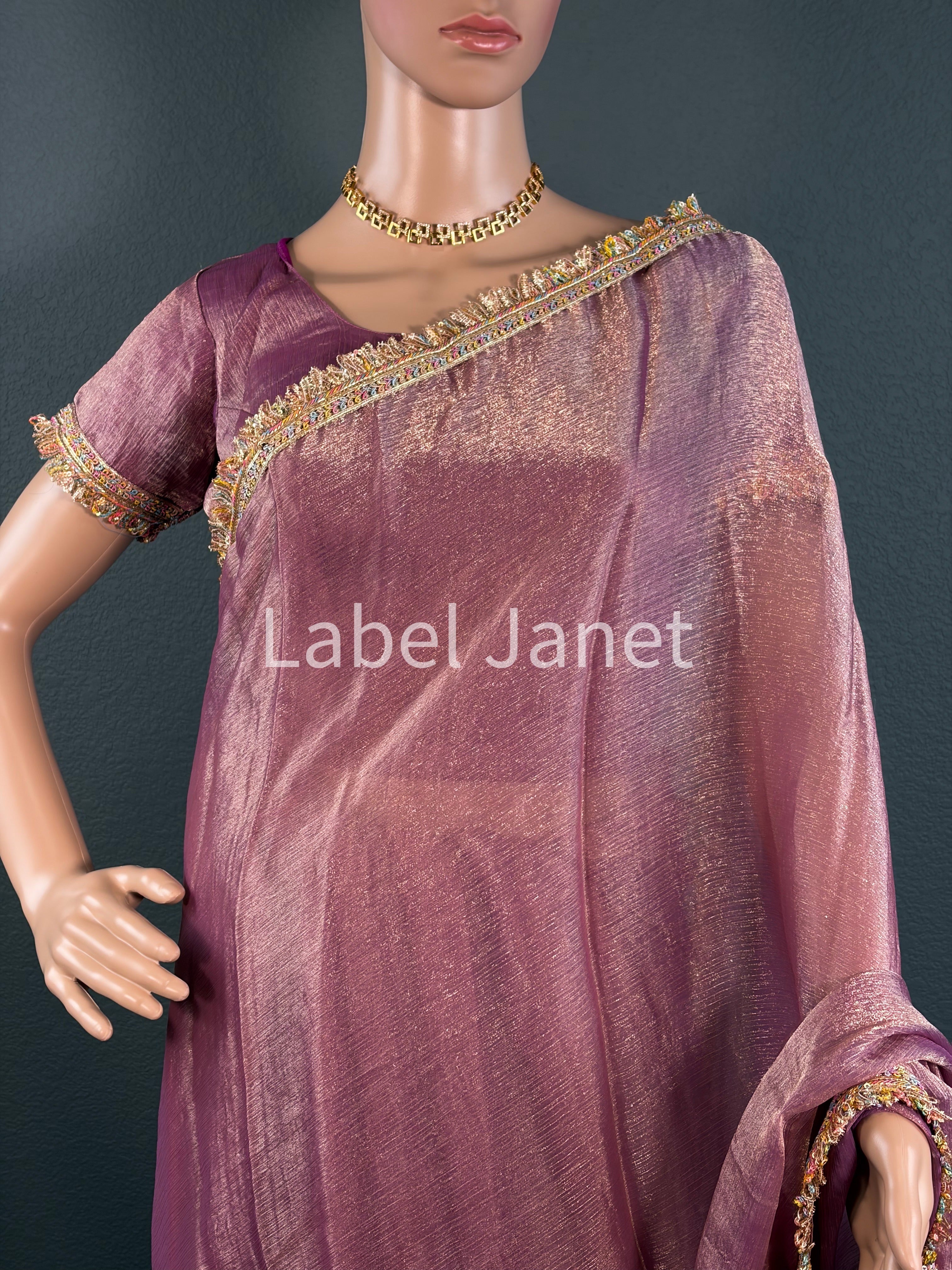 Dusty Rose Plain Saree with Multicolor Lace Border with Stitched Blouse | Party Wear