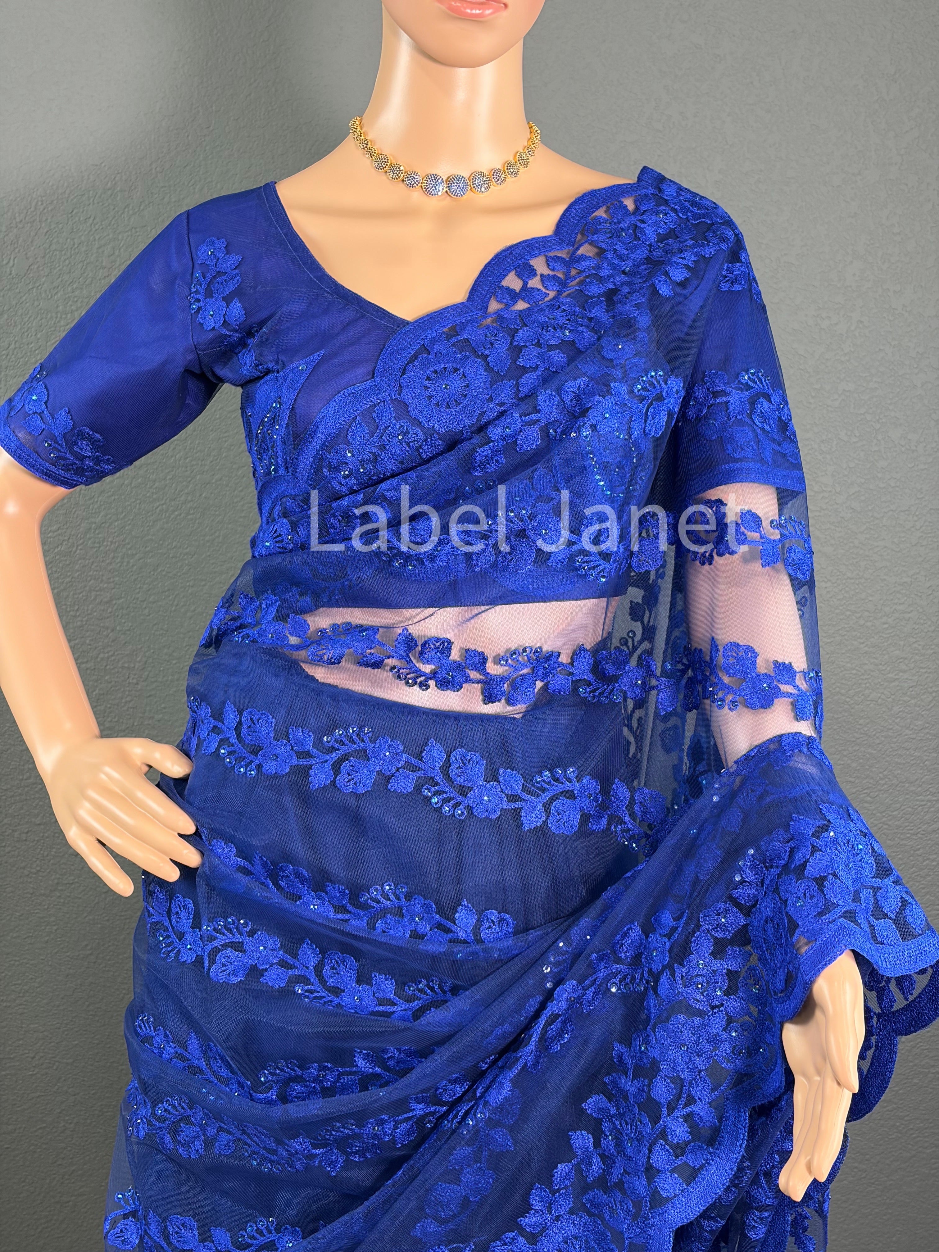 Blue Embroidered Net Designer Saree with stitched Blouse | Alterable (36" - 42")