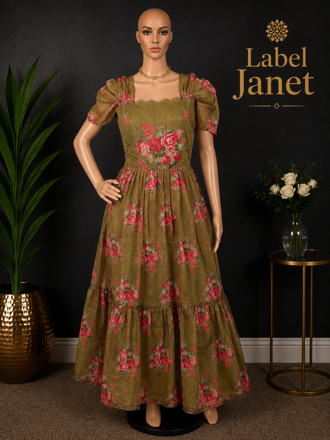 Olive Blossom Bliss - Puff Sleeve Maxi (XL up to XXL)