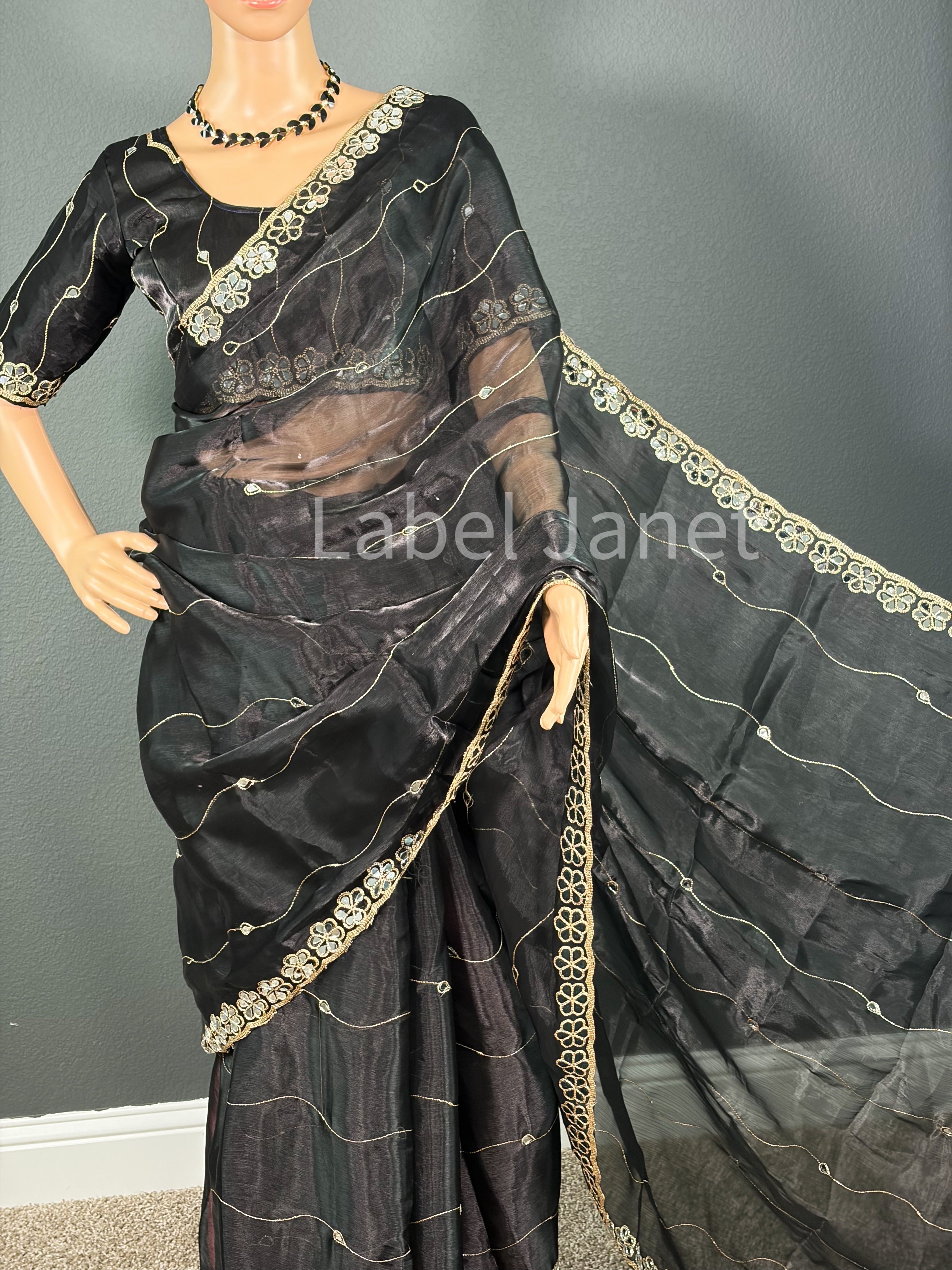 Black Organza Saree with stitched blouse | Alterable (36" - 42") | Party wear | Indian saree