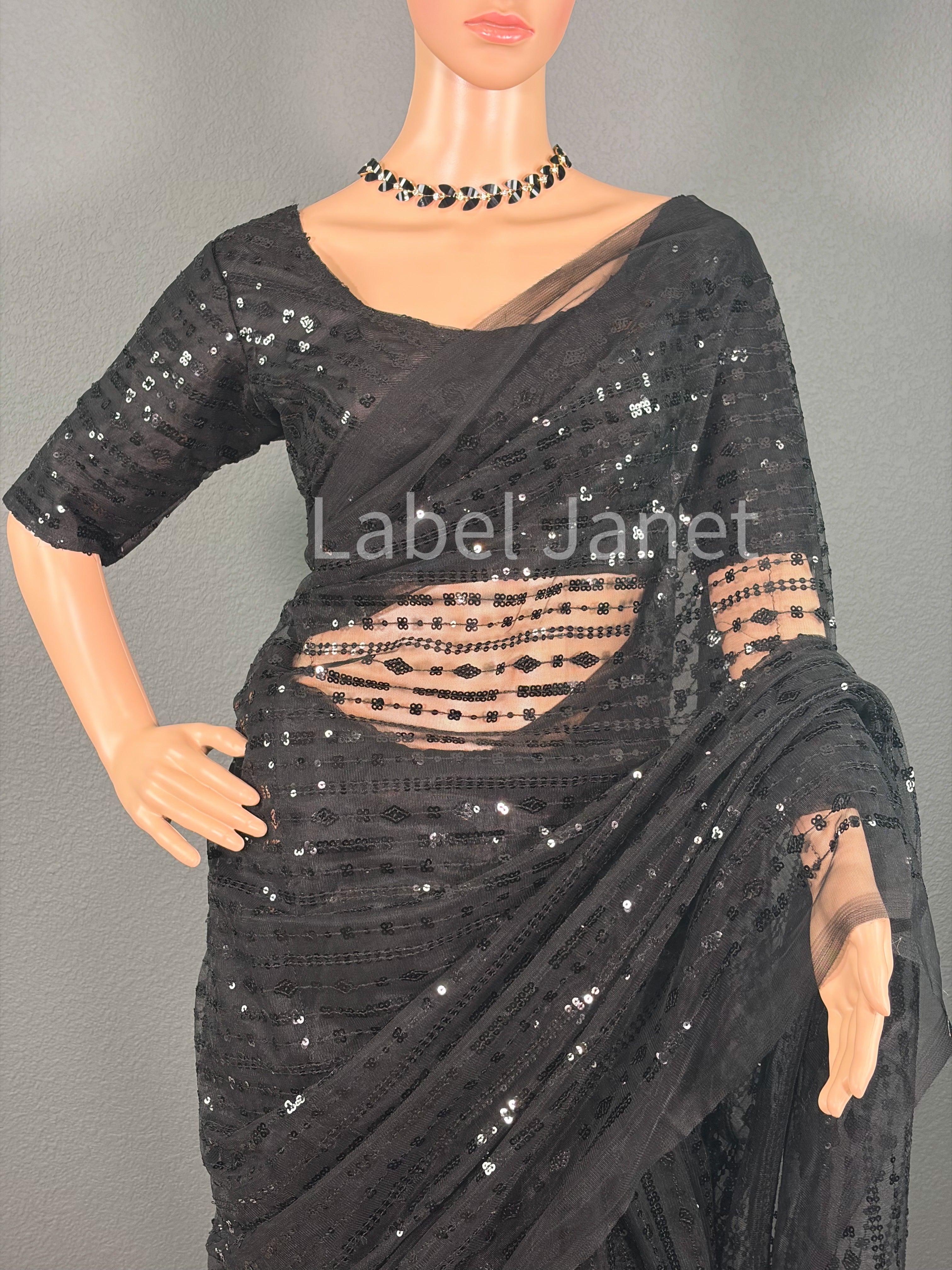 Black Net Sequence Saree with Stitched Blouse | Party wear | Alterable (36" - 42")