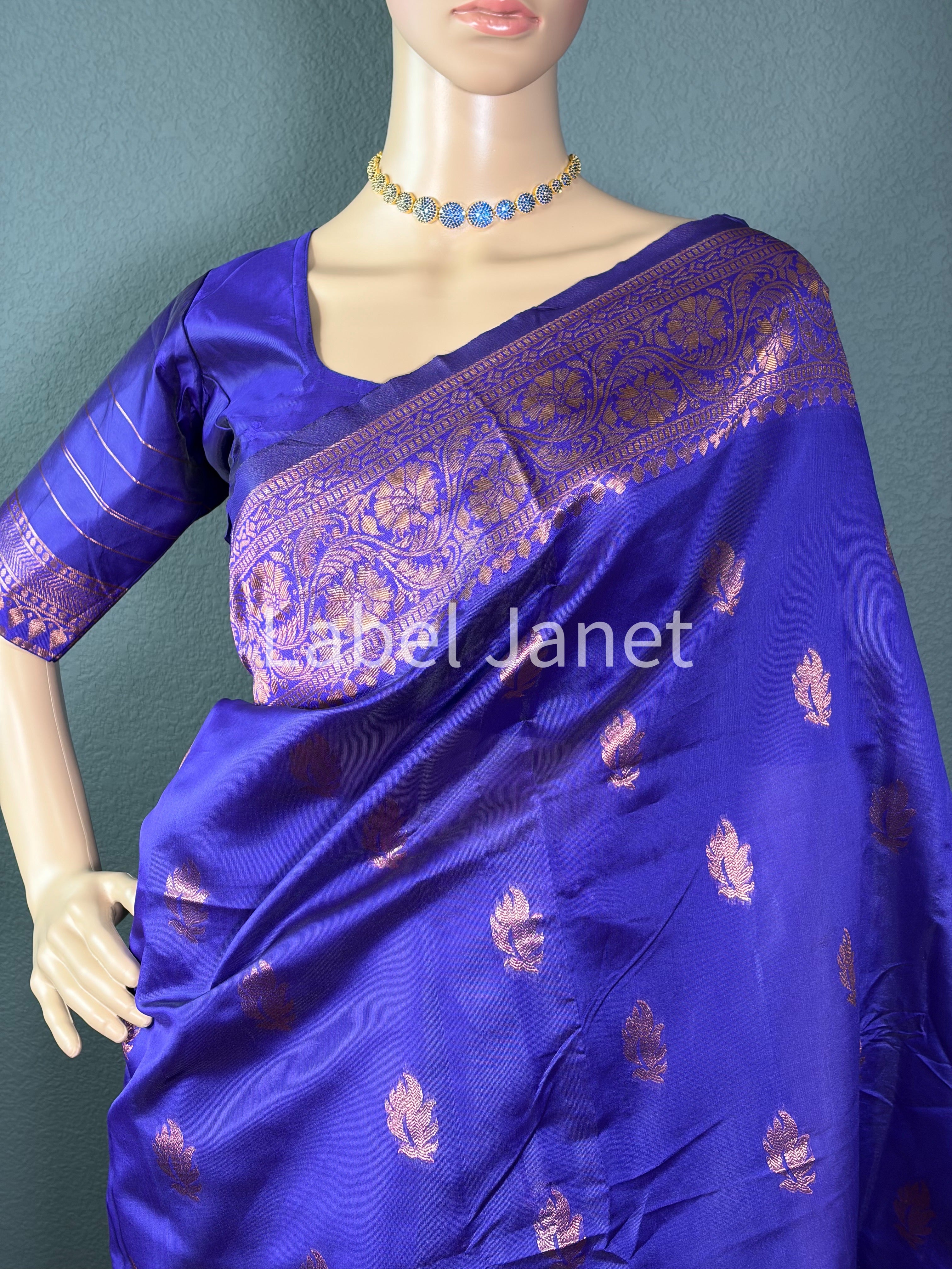 Blue Banarasi Soft Silk Saree with Stitched Blouse (36" - 42")