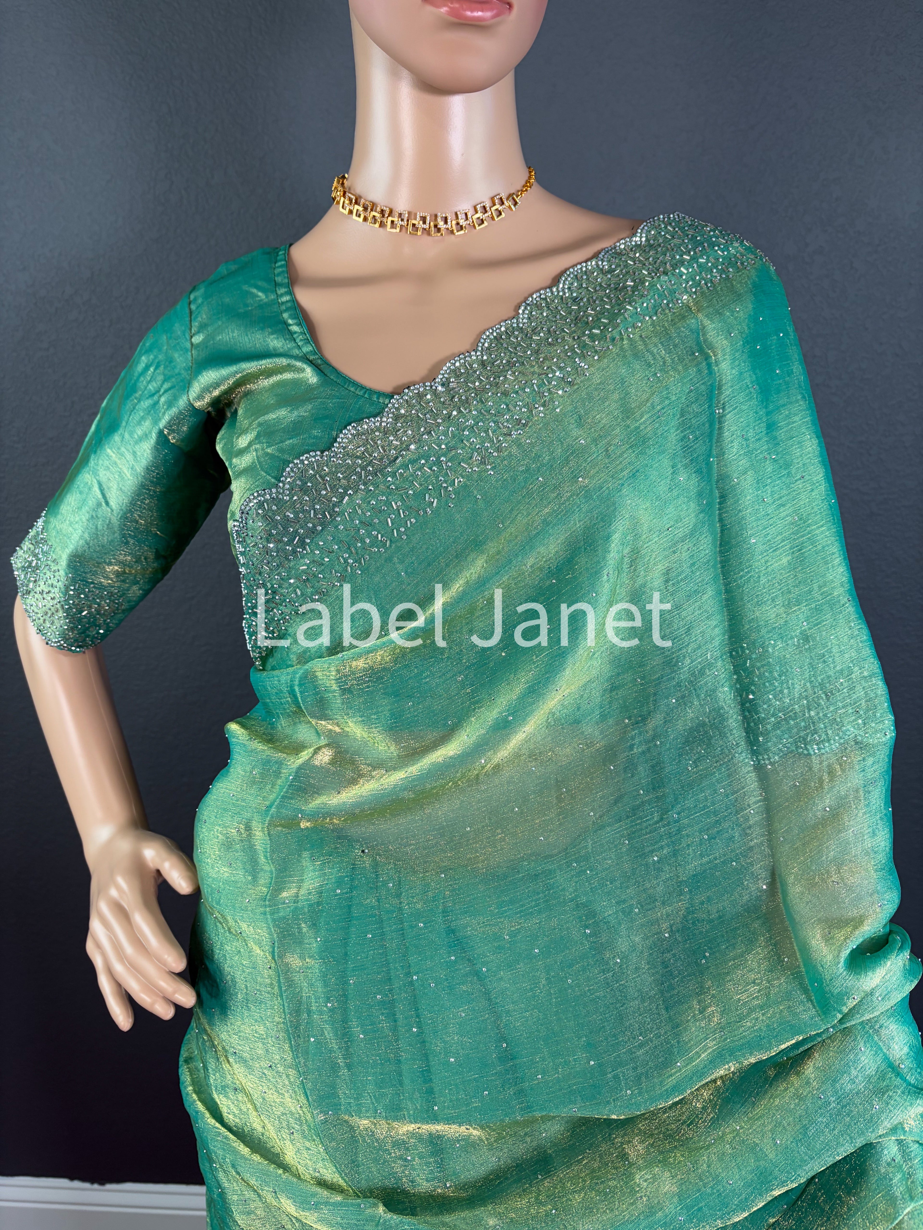Green  Space Silk Saree with Jarkan Diamond & Stitched Blouse