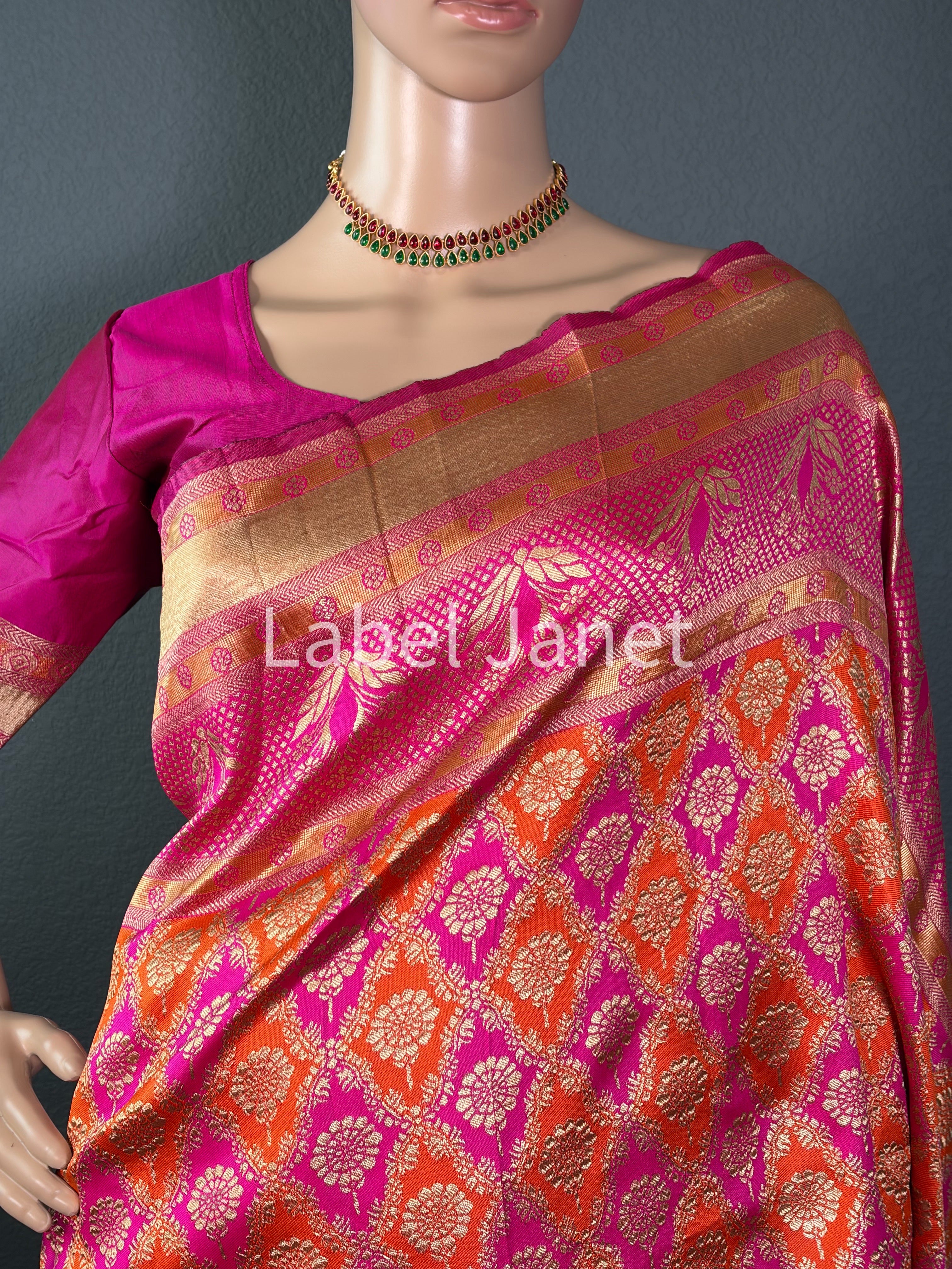 Maharani Blossom - Multi color Banarasi Silk saree with stitched blouse (34” - 42”)