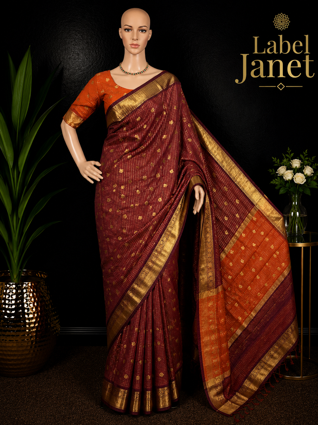 Maroon Majesty - Checked Banarasi Silk Saree with stitched Blouse (34" - 42")
