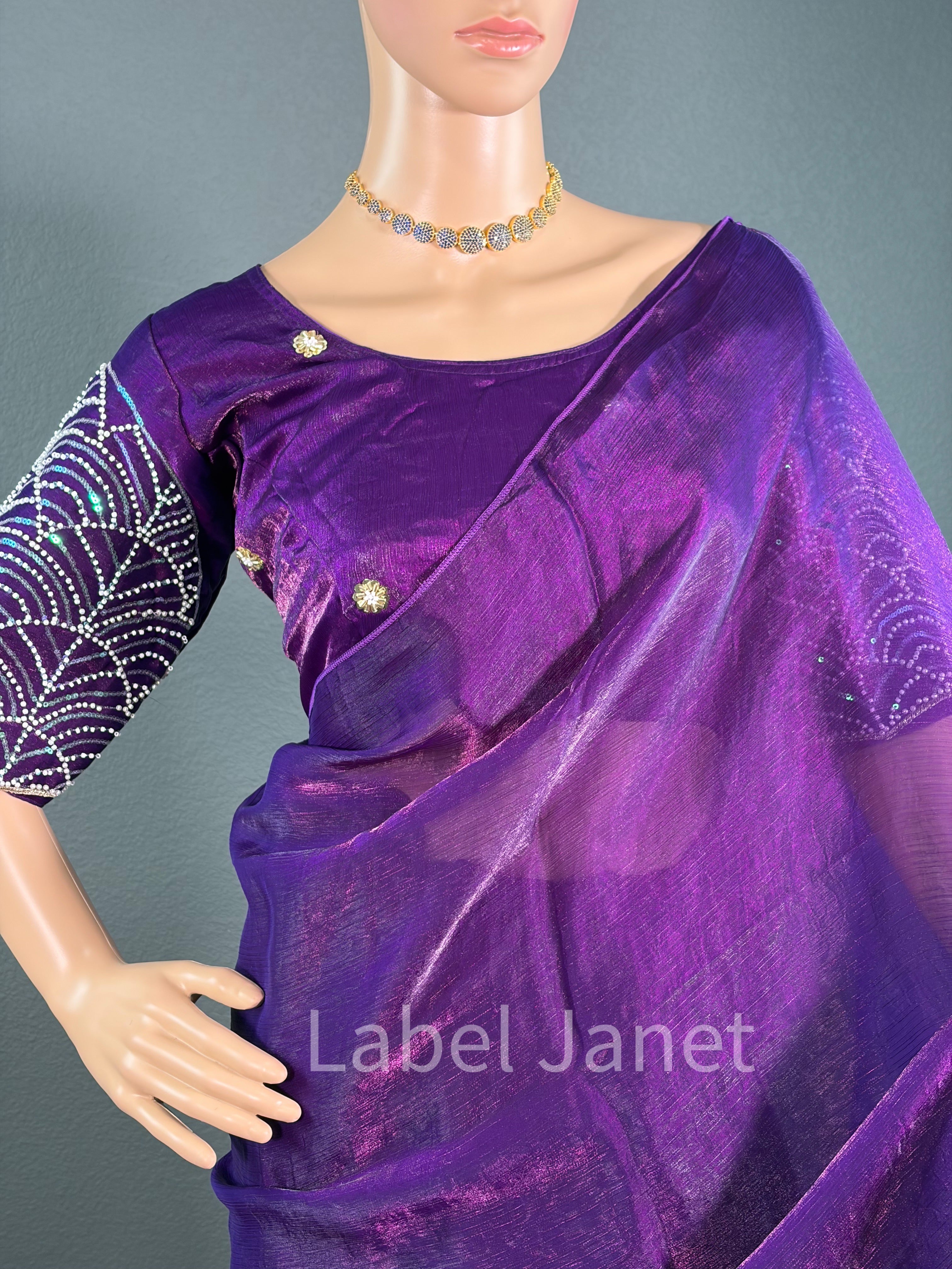Dark Purple Plain  Space silk saree with stitched blouse (36" - 42")