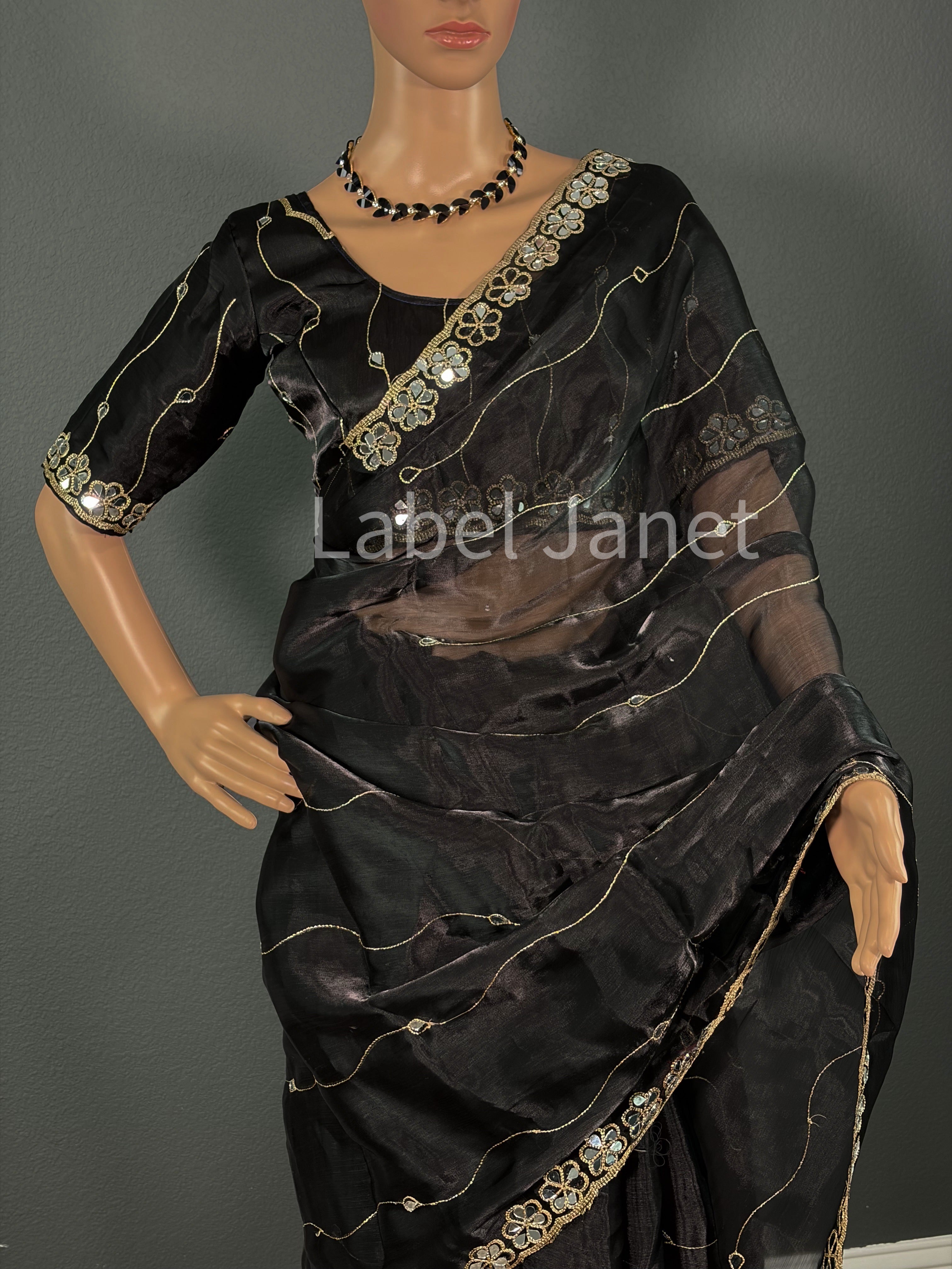 Black Organza Saree with stitched blouse | Alterable (36" - 42") | Party wear | Indian saree