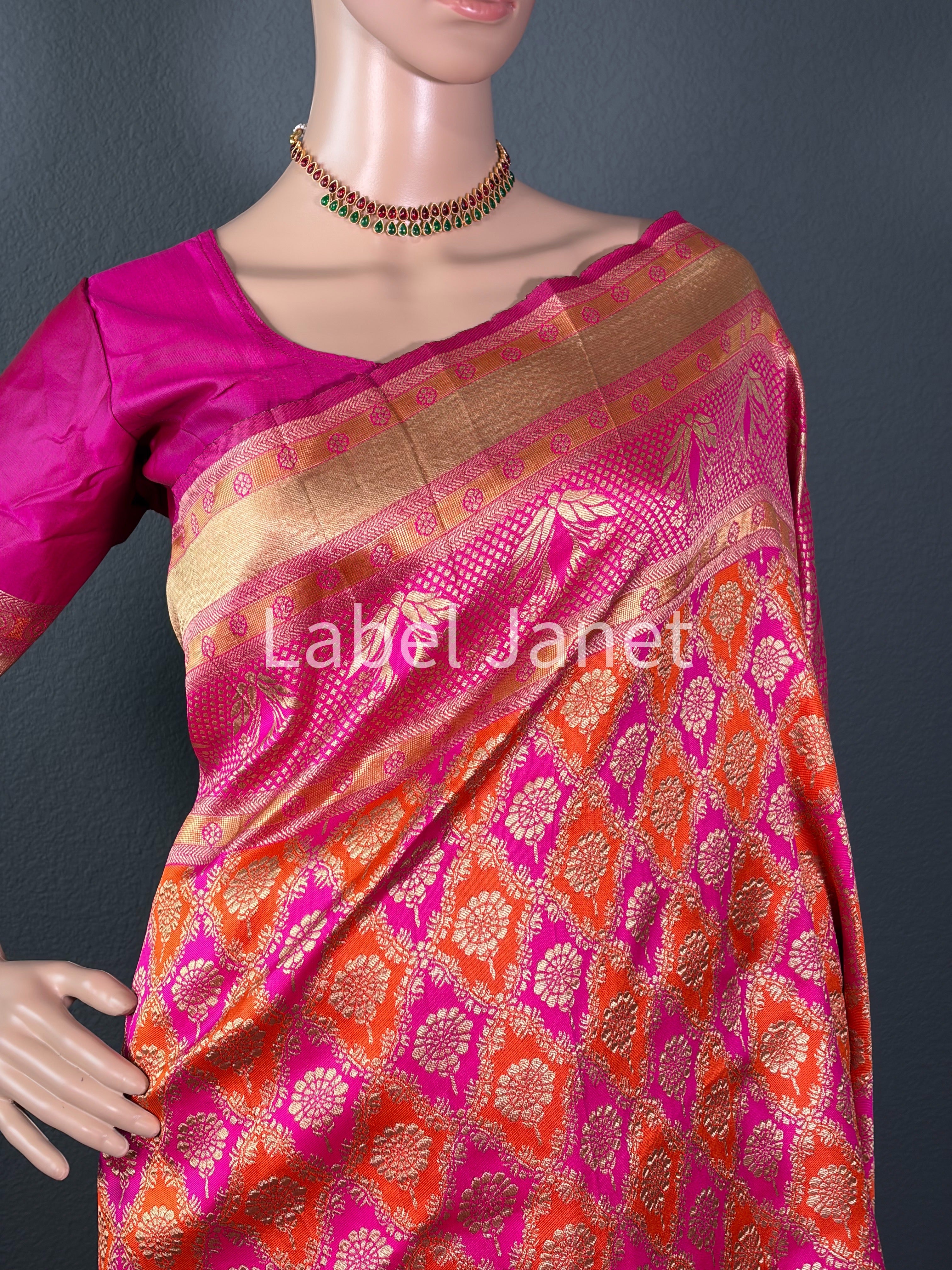Maharani Blossom - Multi color Banarasi Silk saree with stitched blouse (34” - 42”)