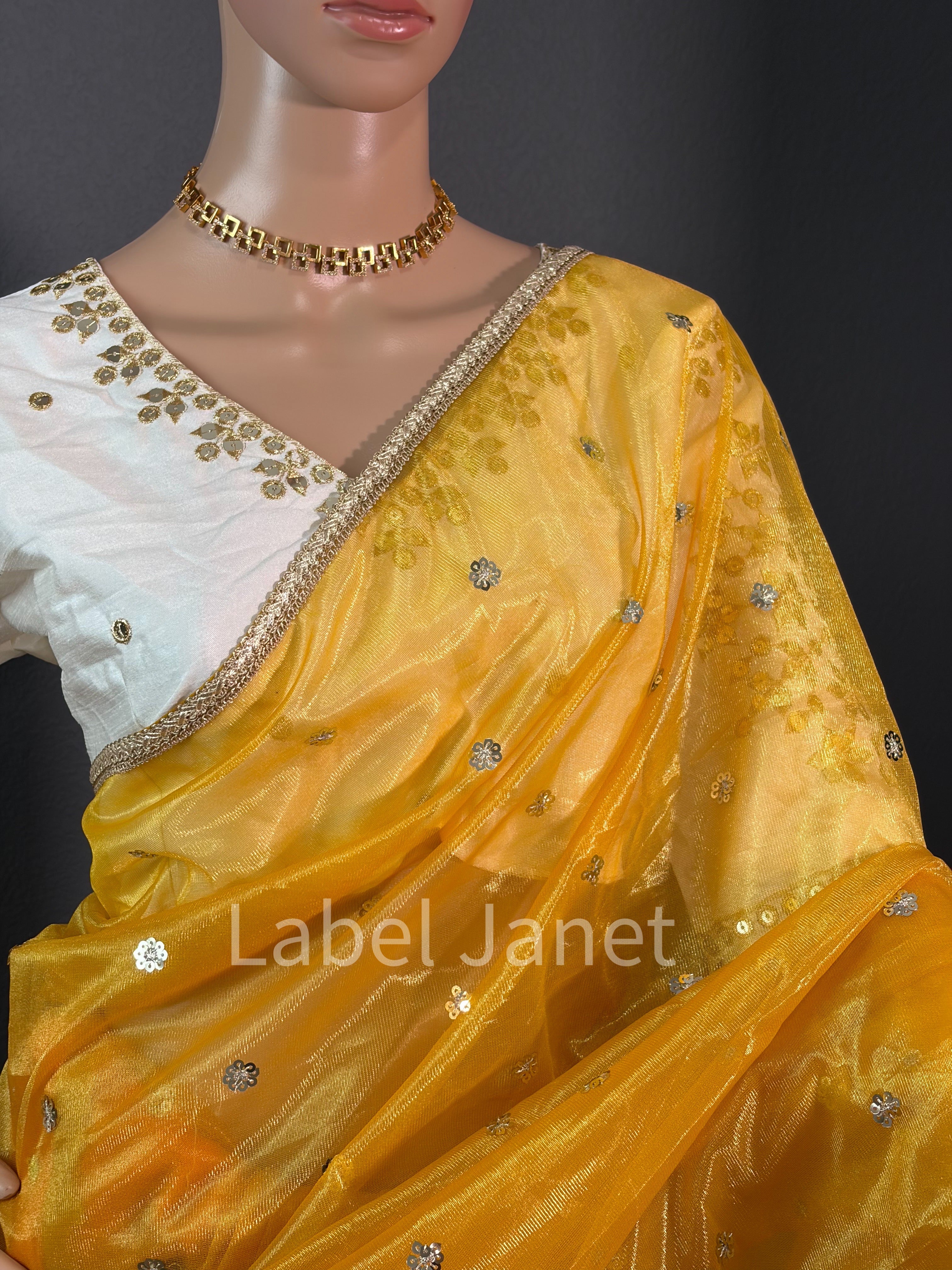 Golden Yellow Ombre Organza Saree with Designer Blouse (Bust 44")