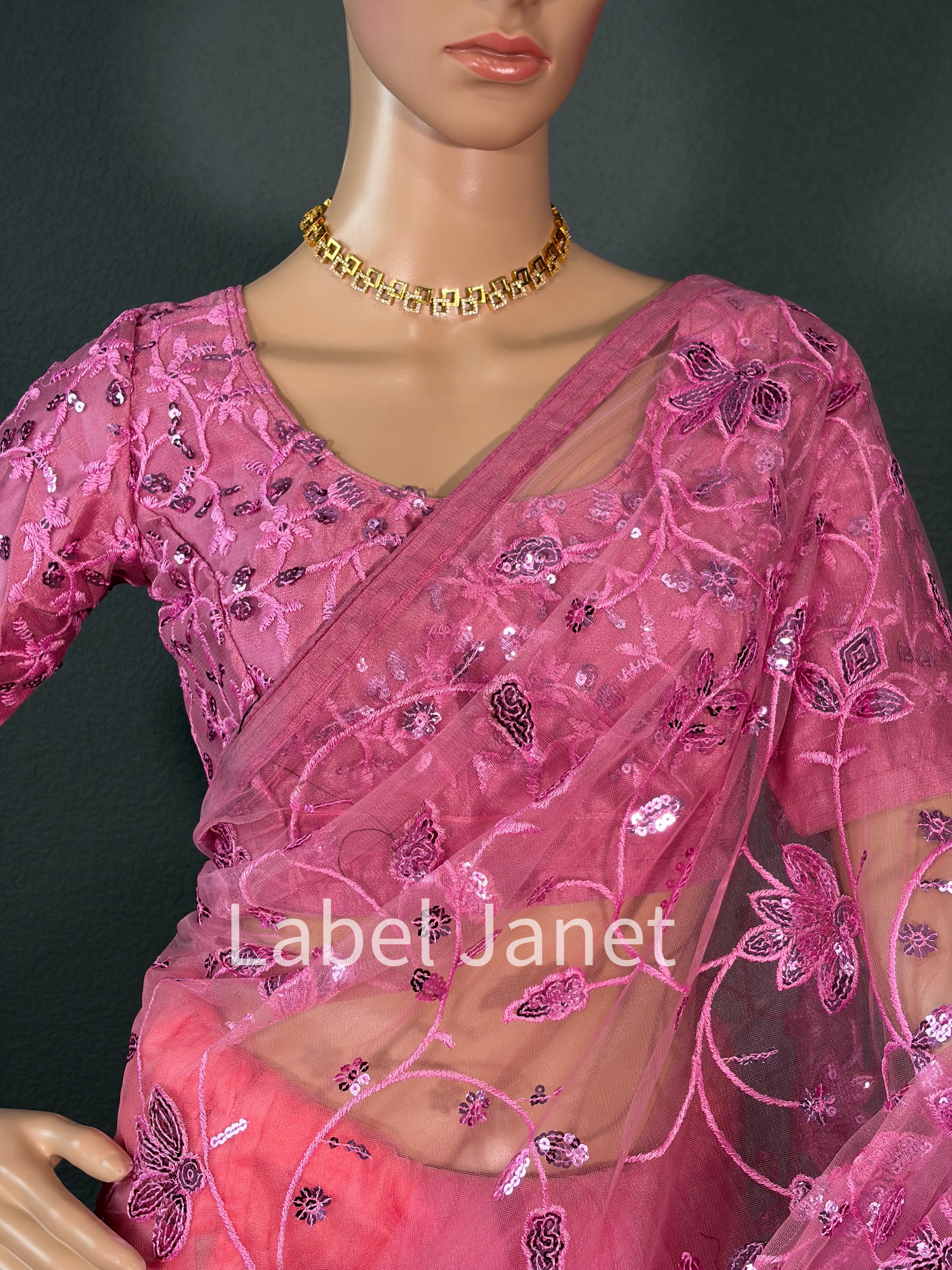 Pink Wink - Party wear netted saree with blouse