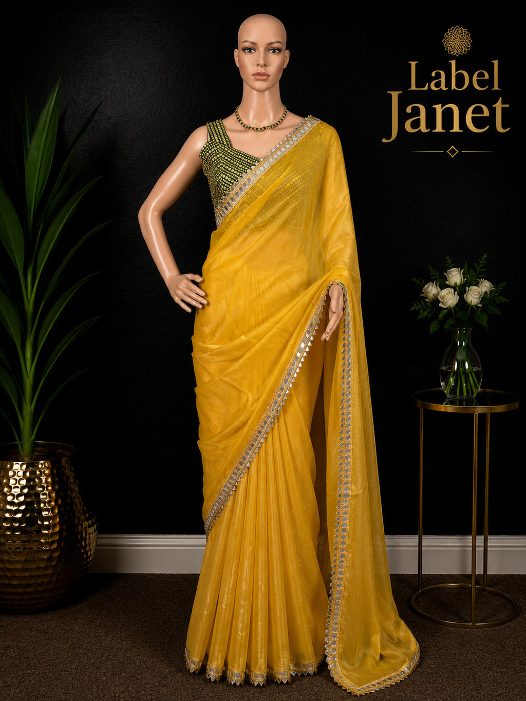 Manjal Mayil - Designer Tissue Silk Saree with Sleeveless Blouse (34" - 44")