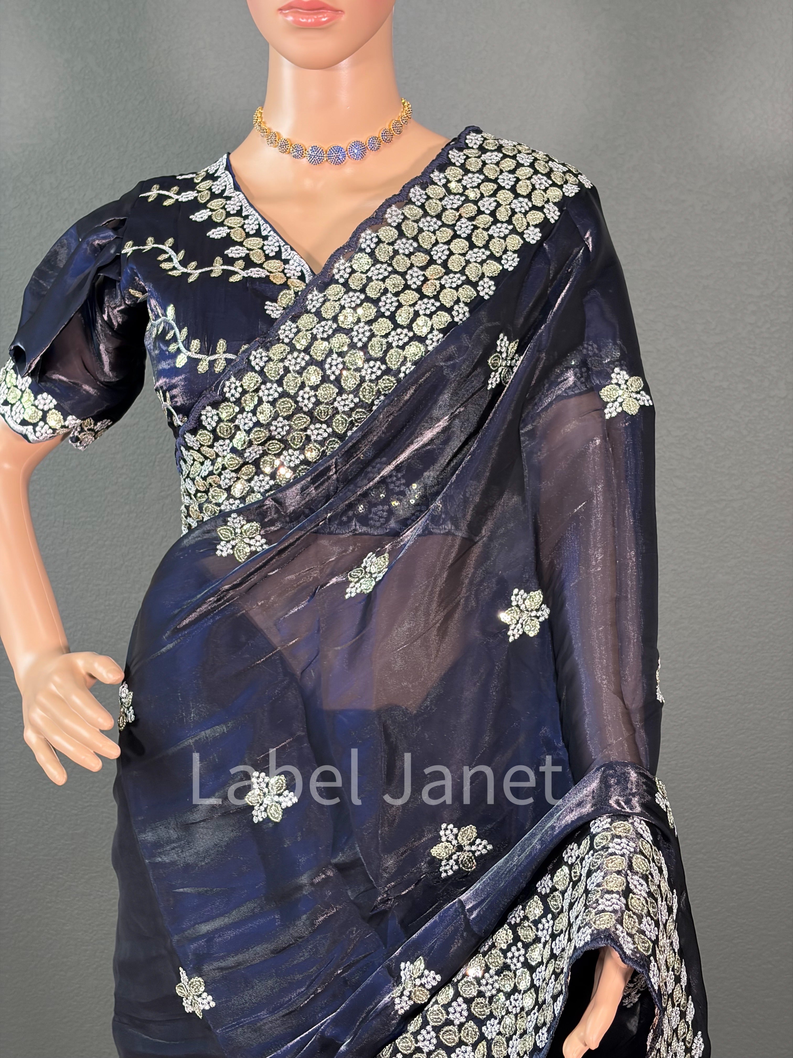Dark Blue Jimmy Choo Silk Sequence Saree with Stitched Blouse | Alterable ( 38" - 42")
