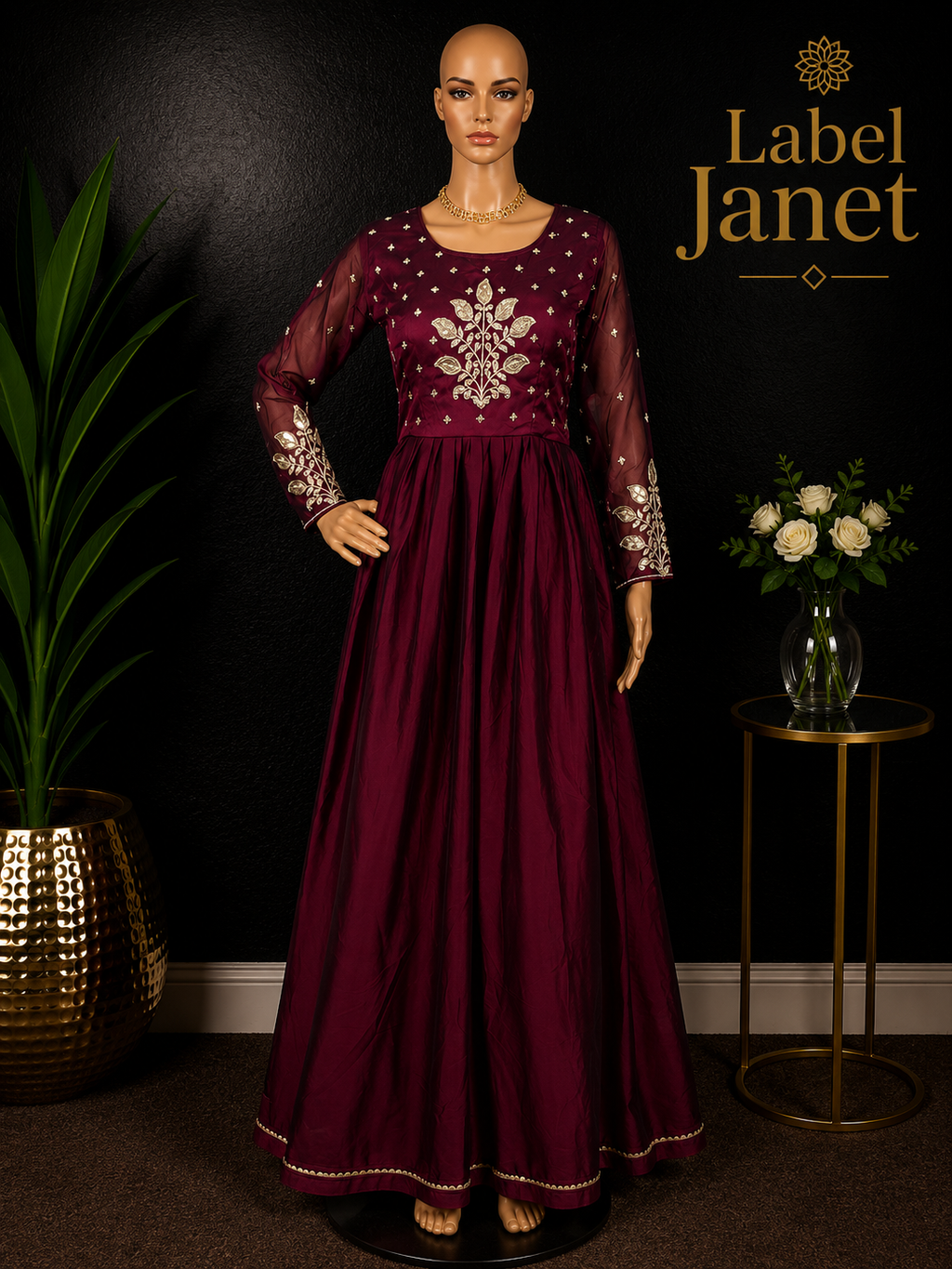 Ruby Rajkumari - Maroon Anarkali Gown with shawl for women (M up to L)