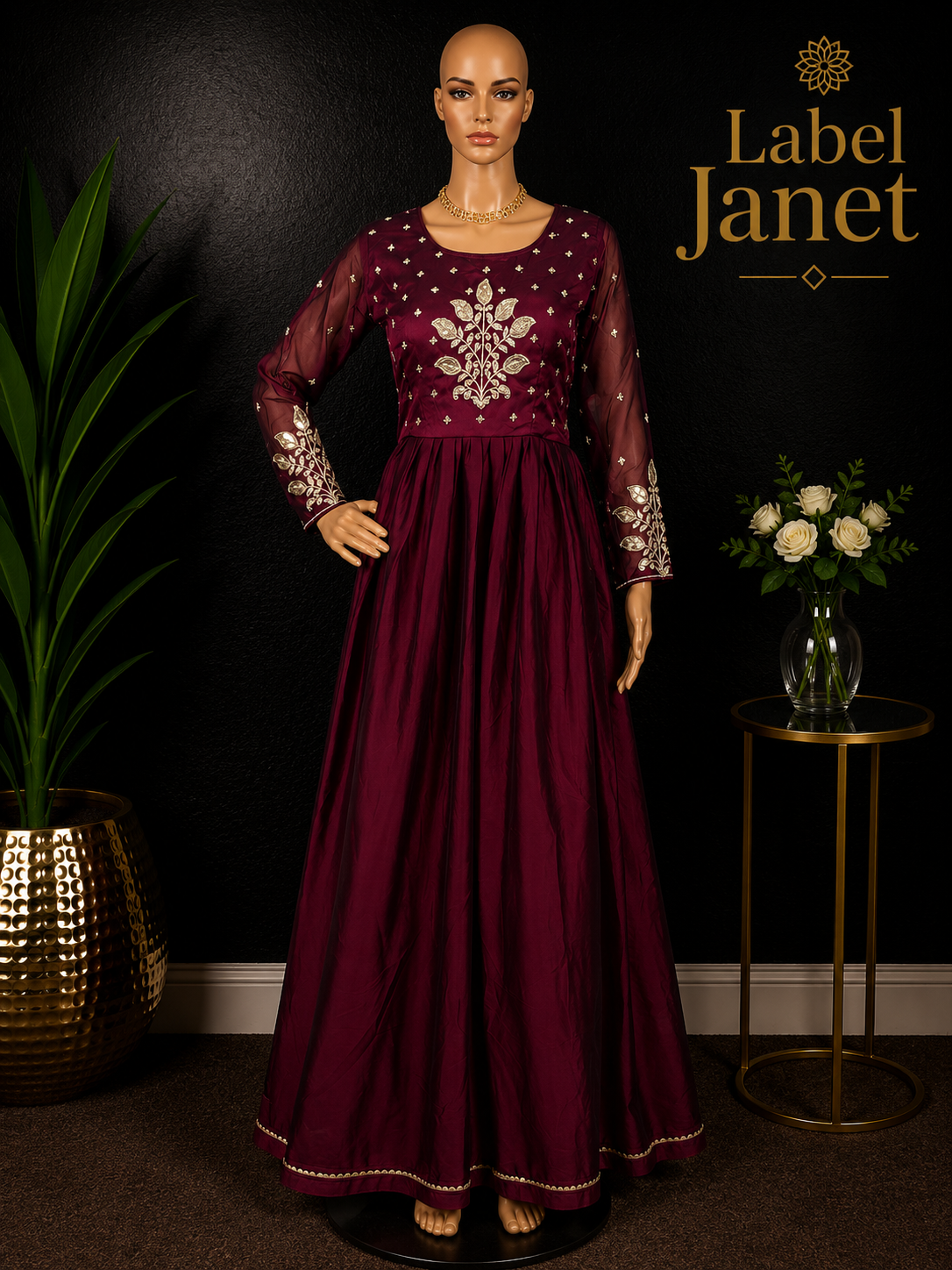 Ruby Rajkumari - Maroon Anarkali Gown with shawl for women (M up to L)