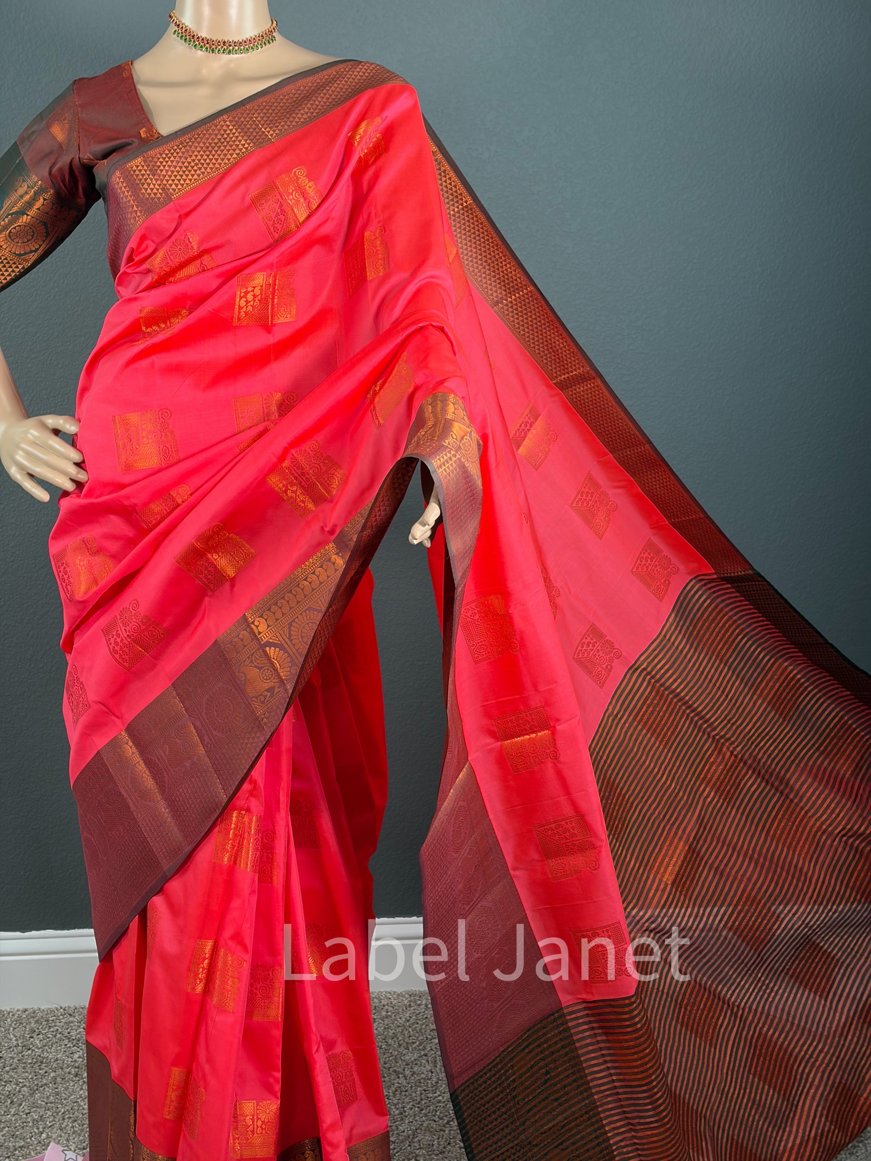 Bright Pink Kanjipuram Silk Saree with Stitched Blouse (34-42")