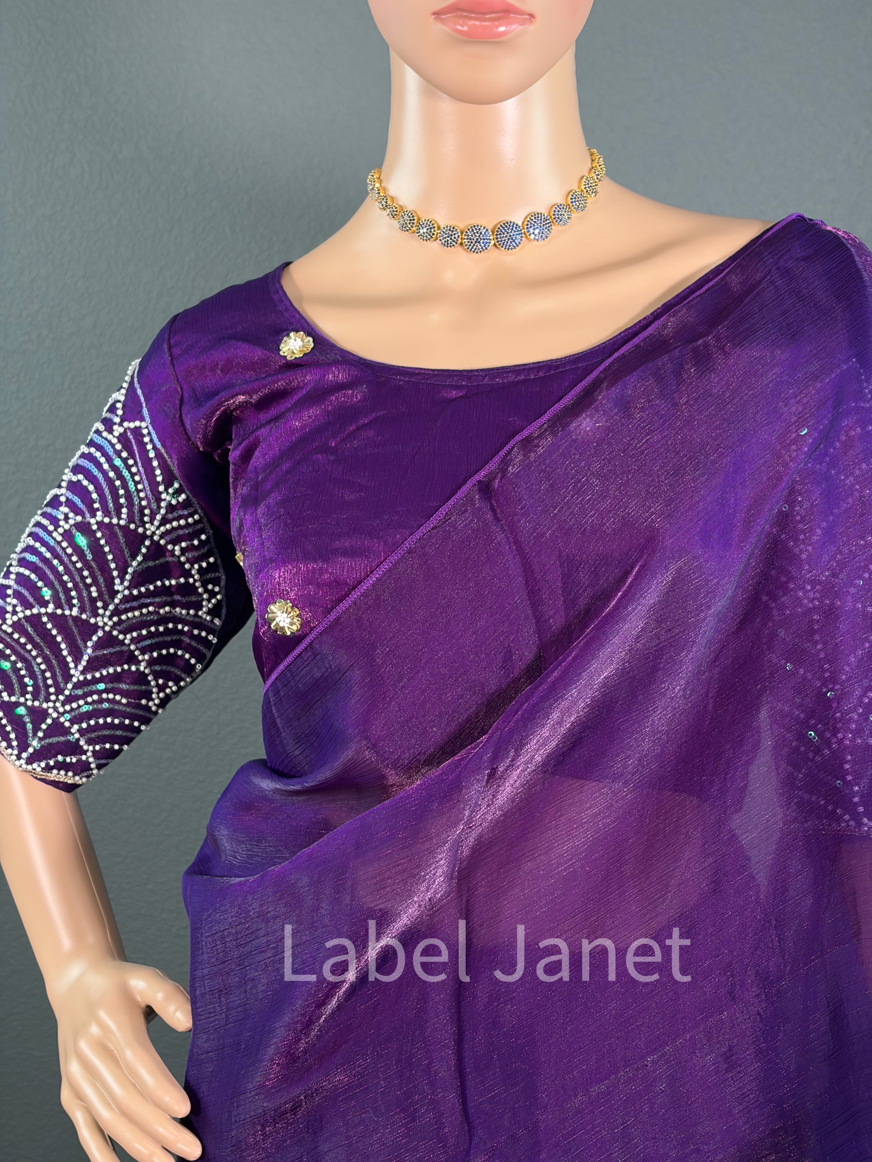 Dark Purple Plain  Space silk saree with stitched blouse (36" - 42")