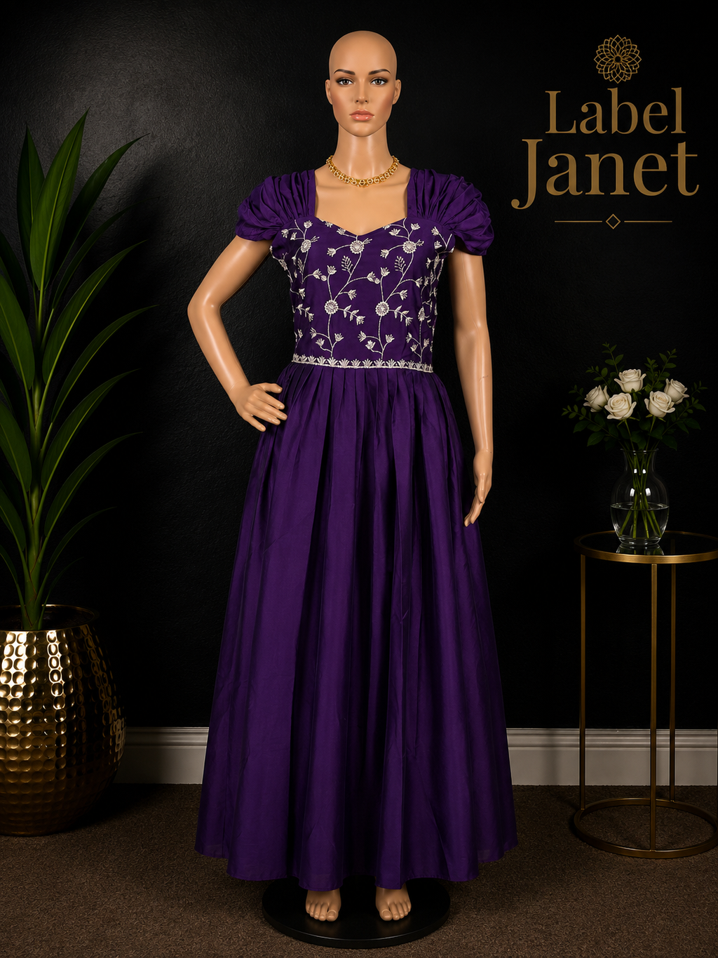 Purple Blossom - Puff Sleeve Long Maxi Dress for women (M up to L)