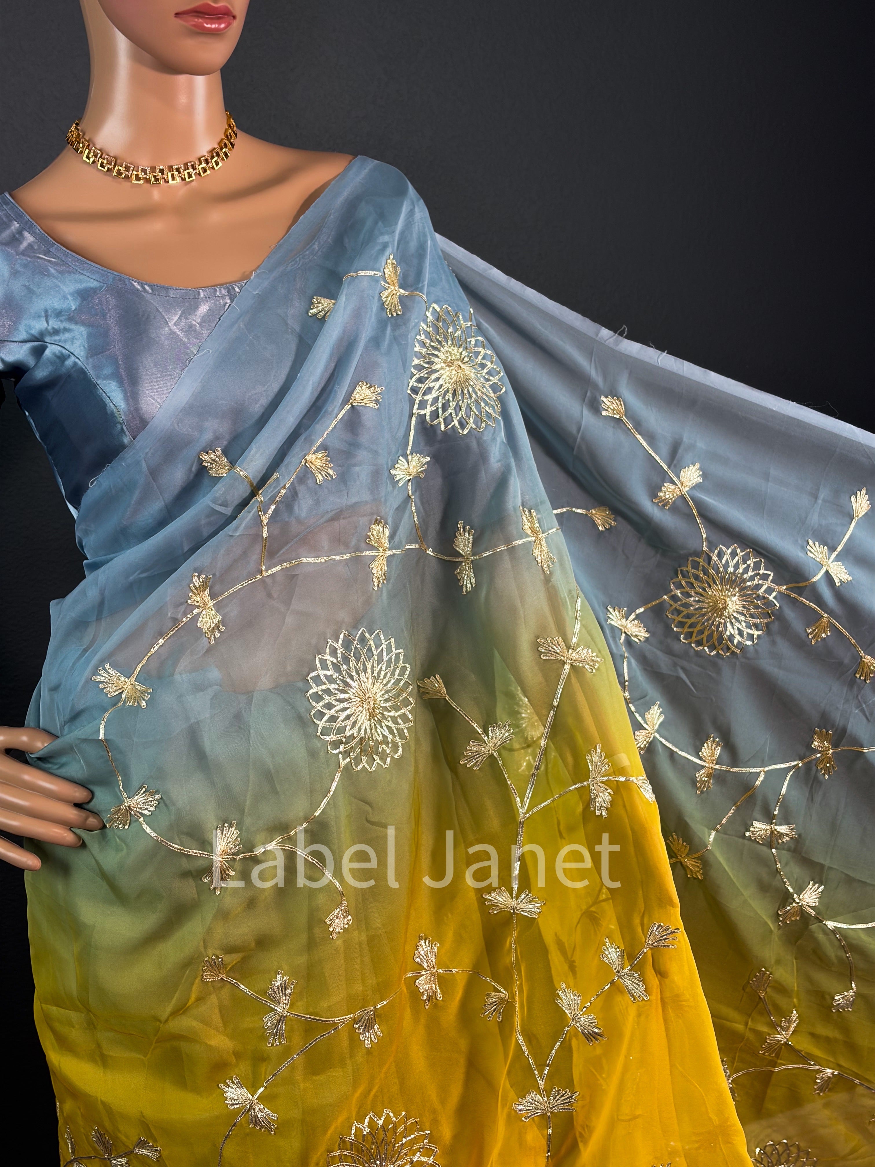 Embroidered Dual Shaded Saree with Stitched Blouse (Alterable 36-42")