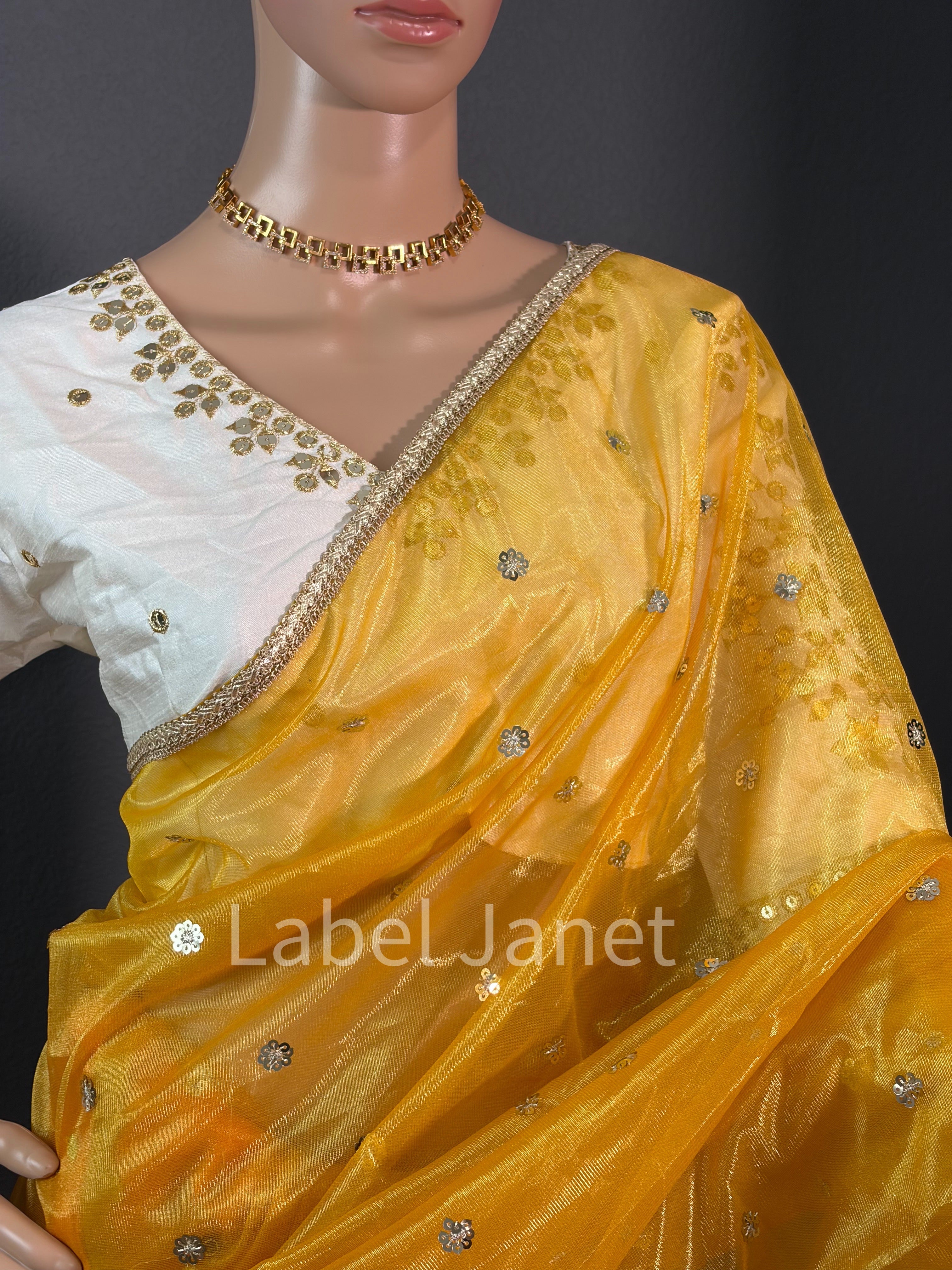 Golden Yellow Ombre Organza Saree with Designer Blouse (Bust 44")