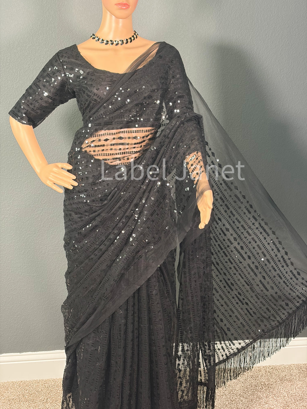 Starry Night Party Net - Black party wear net saree