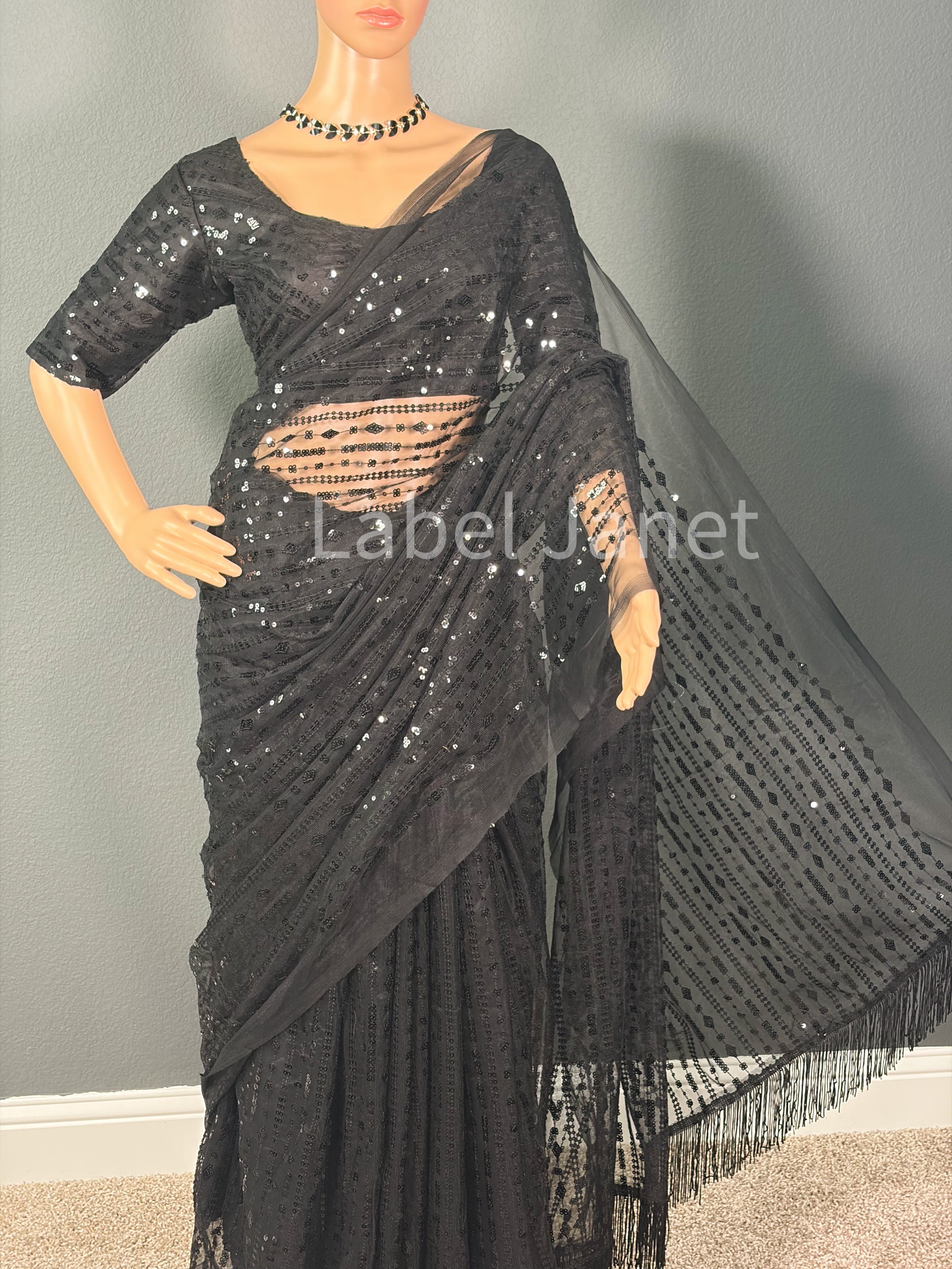 Black Net Sequence Saree with Stitched Blouse | Party wear | Alterable (36" - 42")