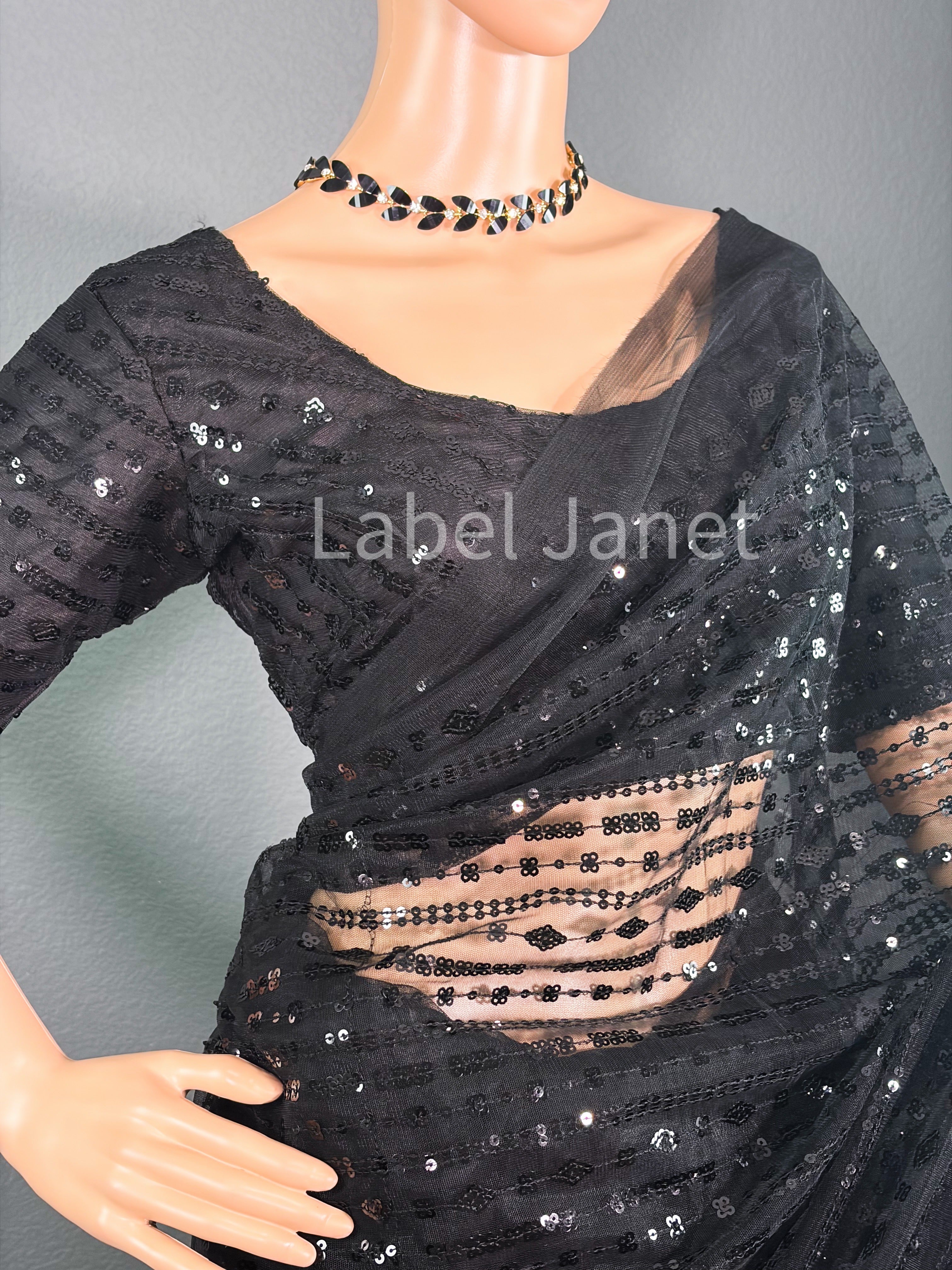 Black Net Sequence Saree with Stitched Blouse | Party wear | Alterable (36" - 42")