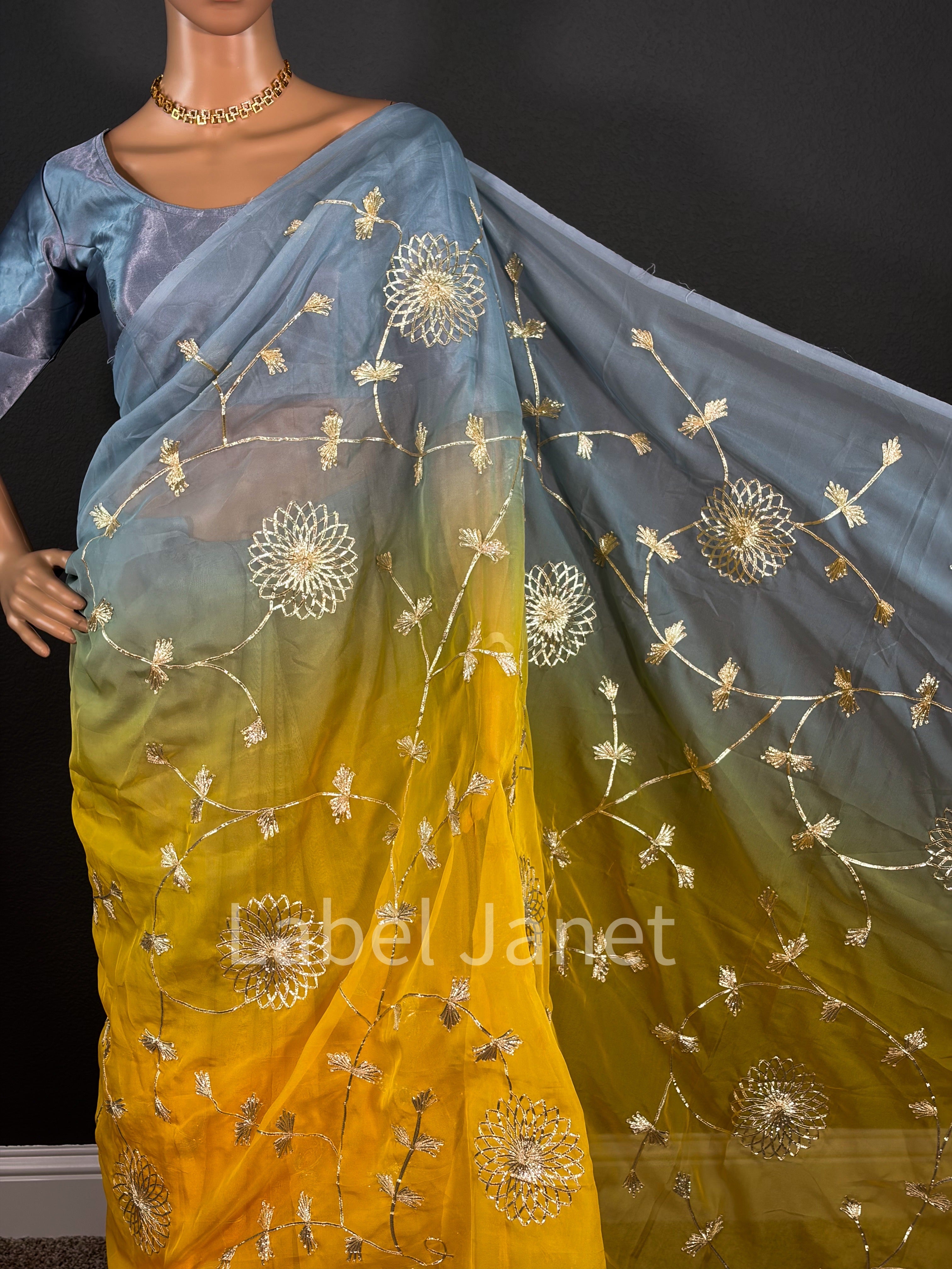 Embroidered Dual Shaded Saree with Stitched Blouse (Alterable 36-42")