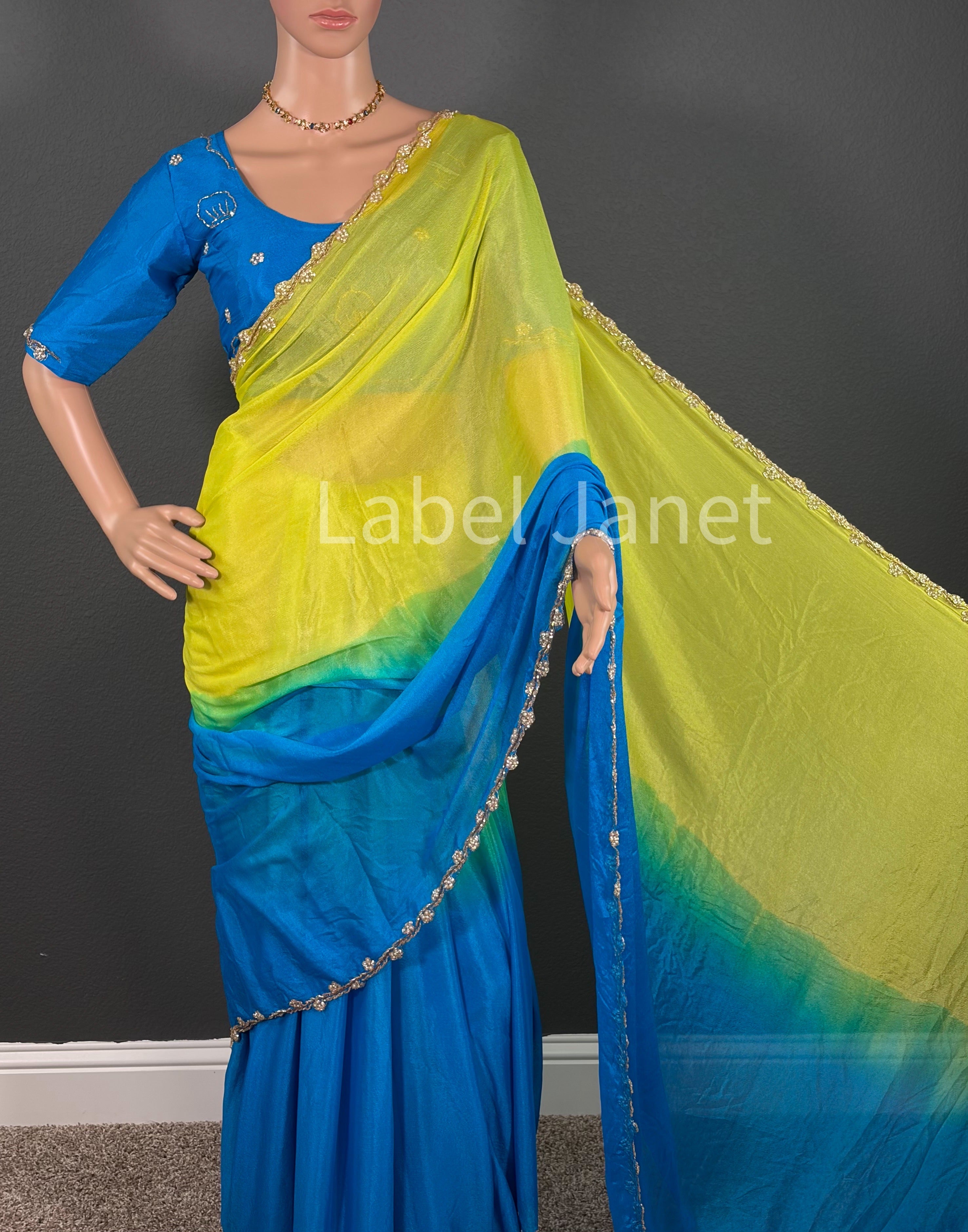 Dual Shaded Chinon Silk  Moti Handwork Saree with Stitched Blouse | Alterable (36" -42")