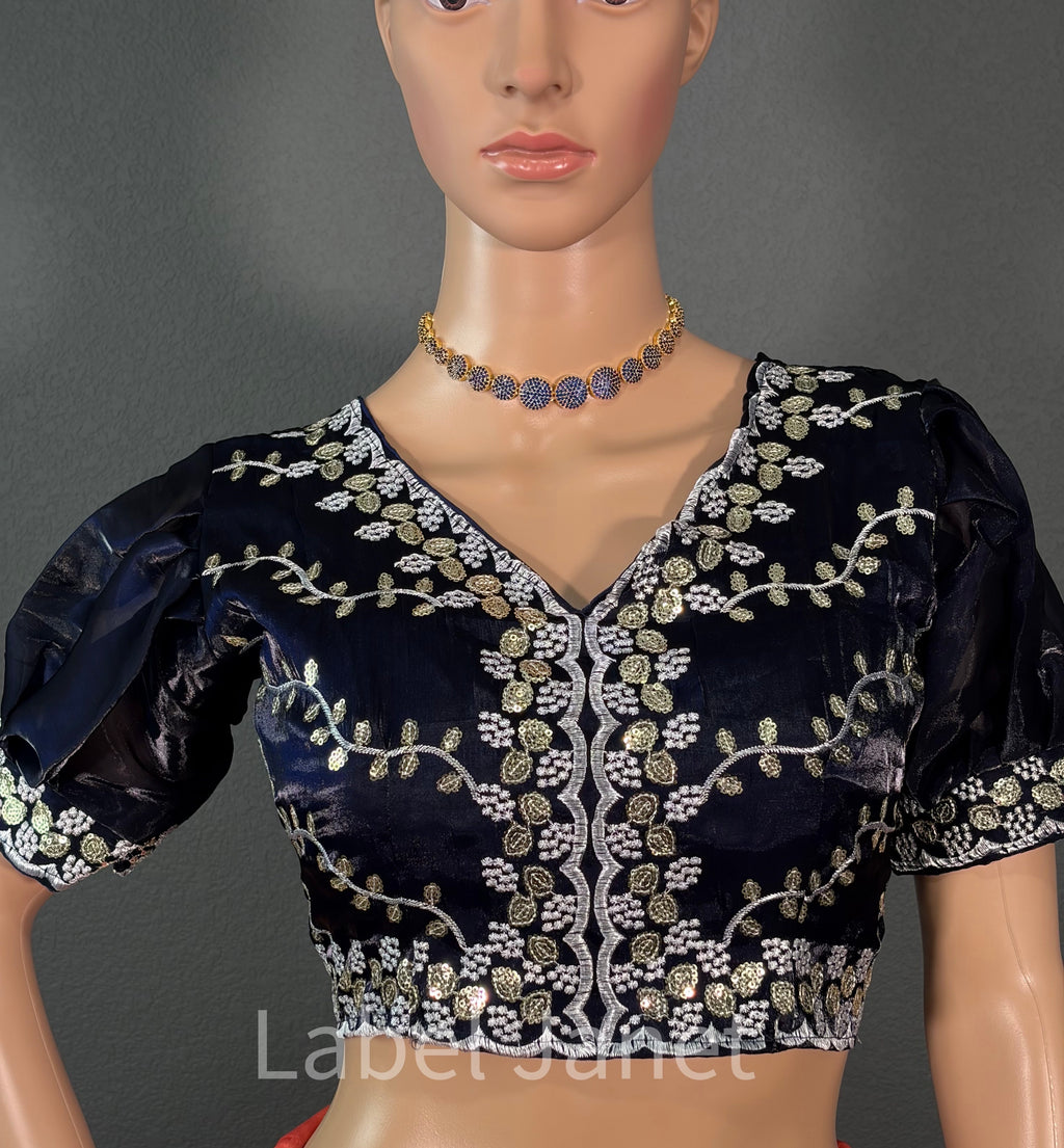 Dark Blue Jimmy Choo Silk Sequence Saree with Stitched Blouse | Alterable ( 38" - 42")