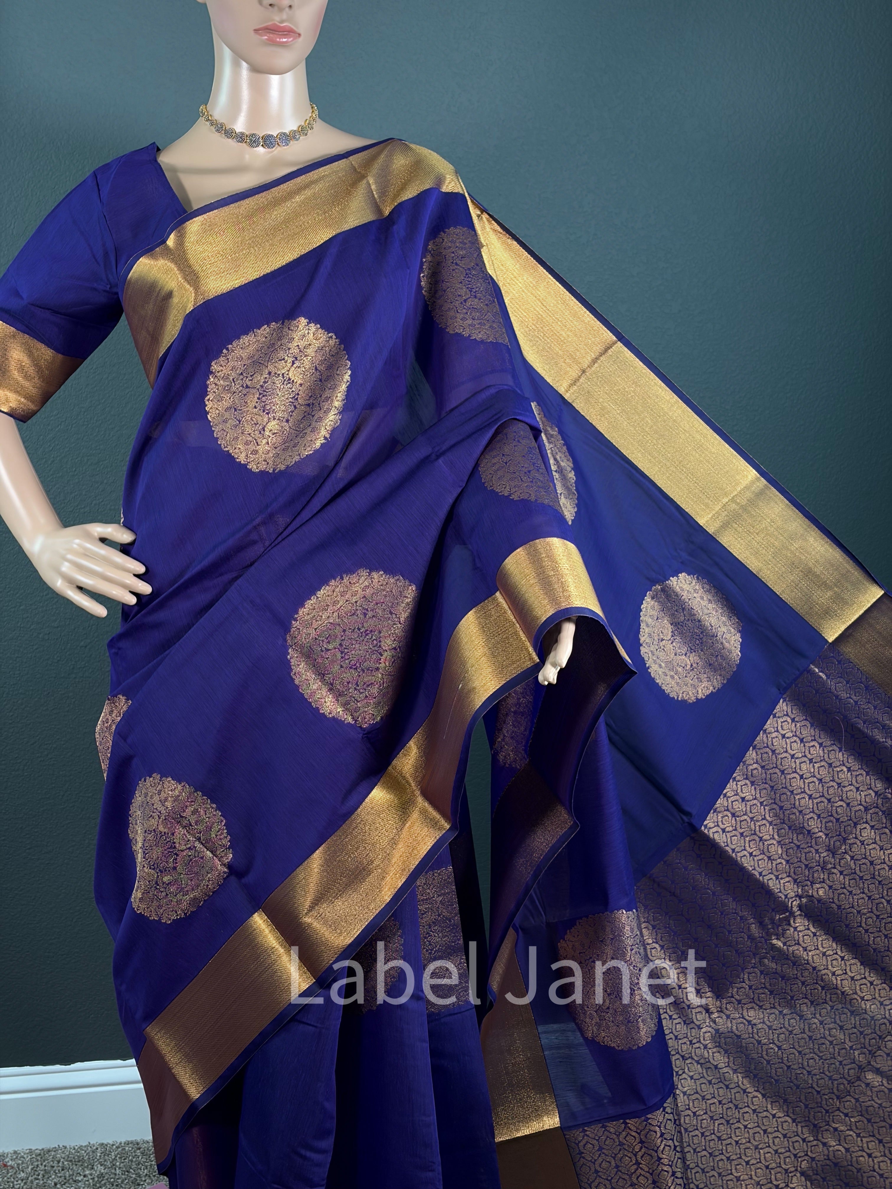 Blue Soft Cotton Silk Saree with Stitched Blouse (36" - 42")