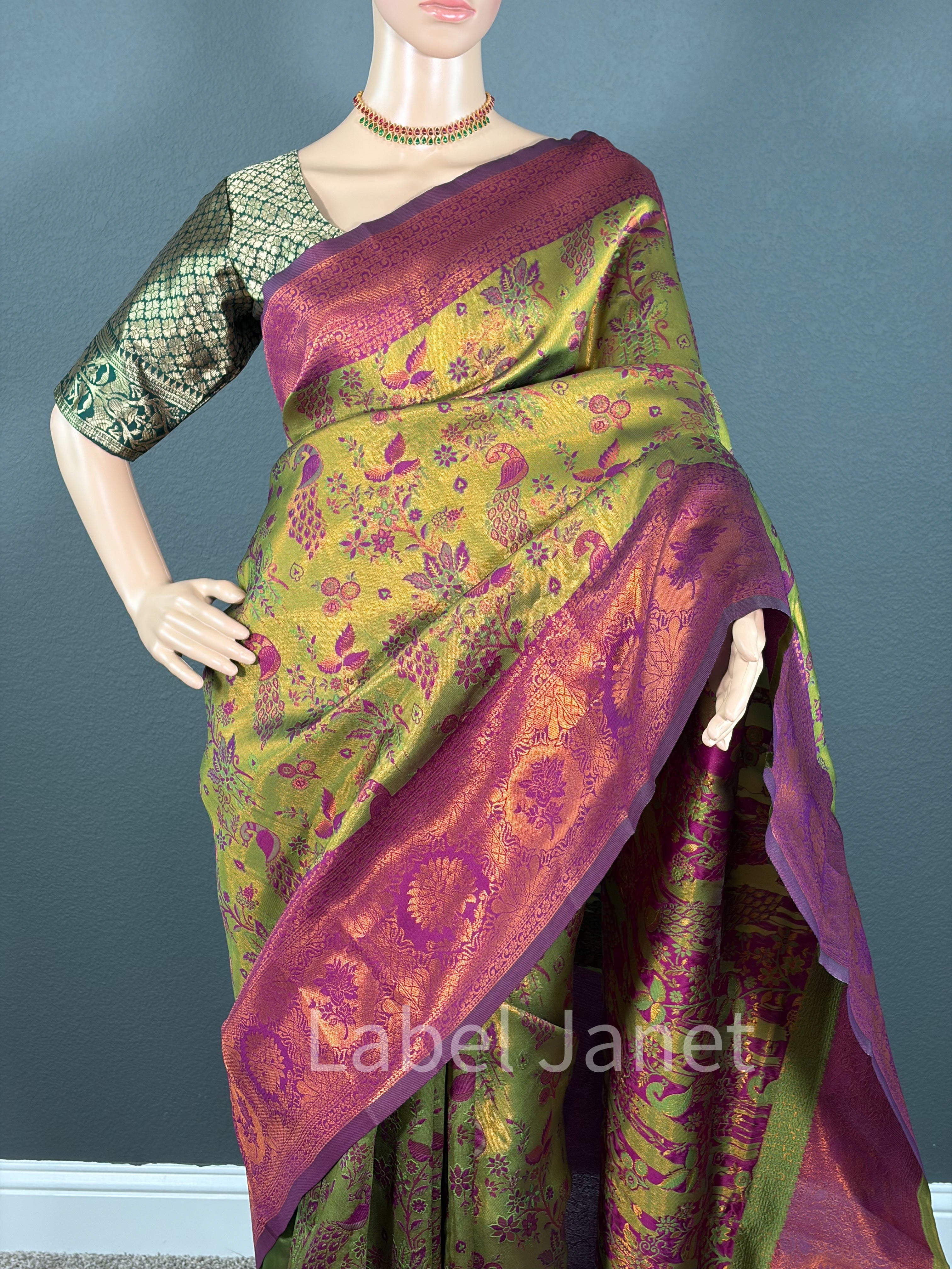 Green Kanjipuram  Soft Silk Saree with Stitched Blouse | Easy Wear | Indian Saree