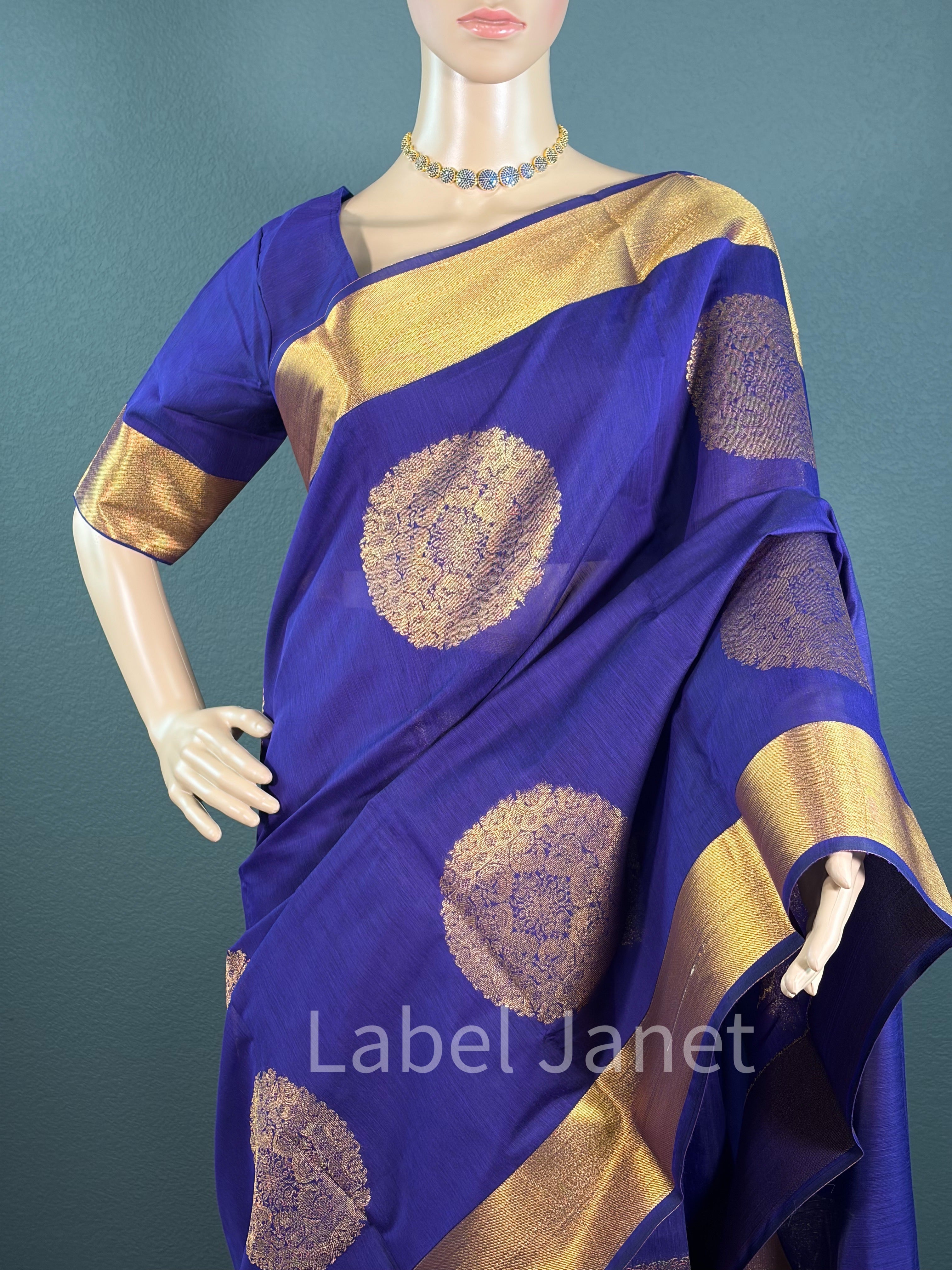Blue Soft Cotton Silk Saree with Stitched Blouse (36" - 42")